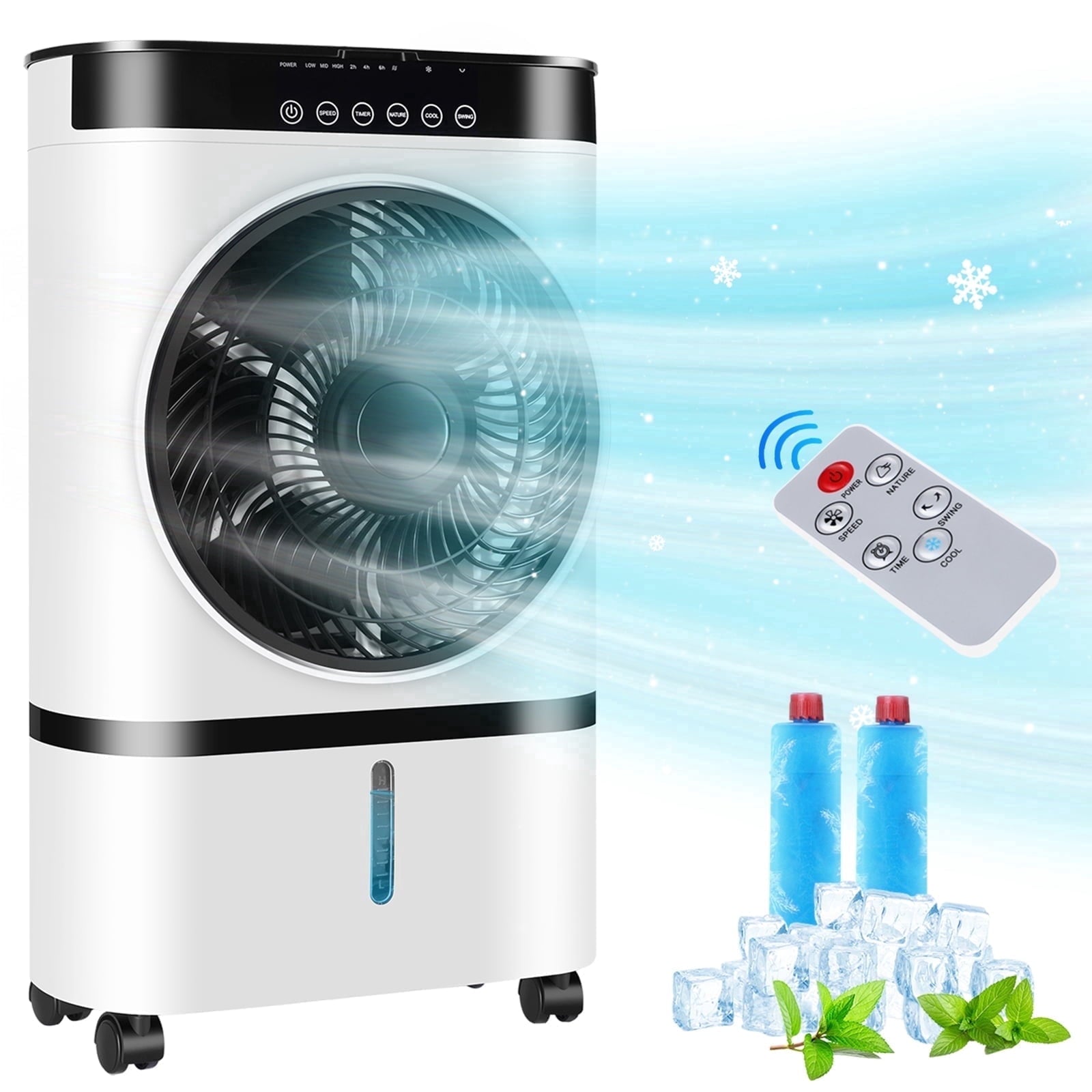 Fenbeli 3-in-1 Portable Evaporative Air Cooler, Quiet Fan and Humidifier Combo with Remote Control, 3 Speeds, 7L Water Tank, 12H Timer, Black and White