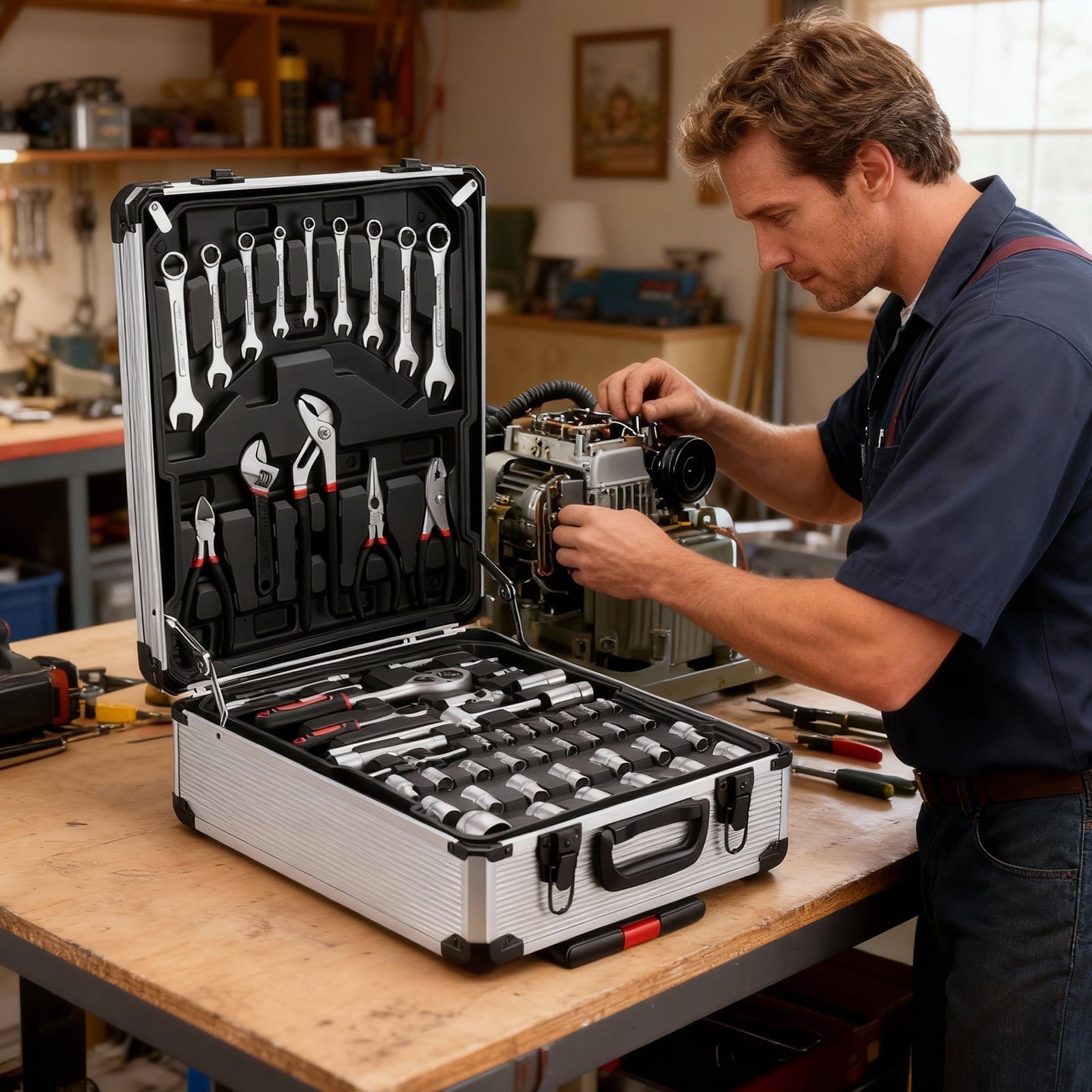 Fenbeli 399 Piece Tool Set, Professional Chrome Vanadium Steel Tool Kit with Aluminum Trolley Case and Wheels, Home Auto Repair Mechanic Tool Box,Silver