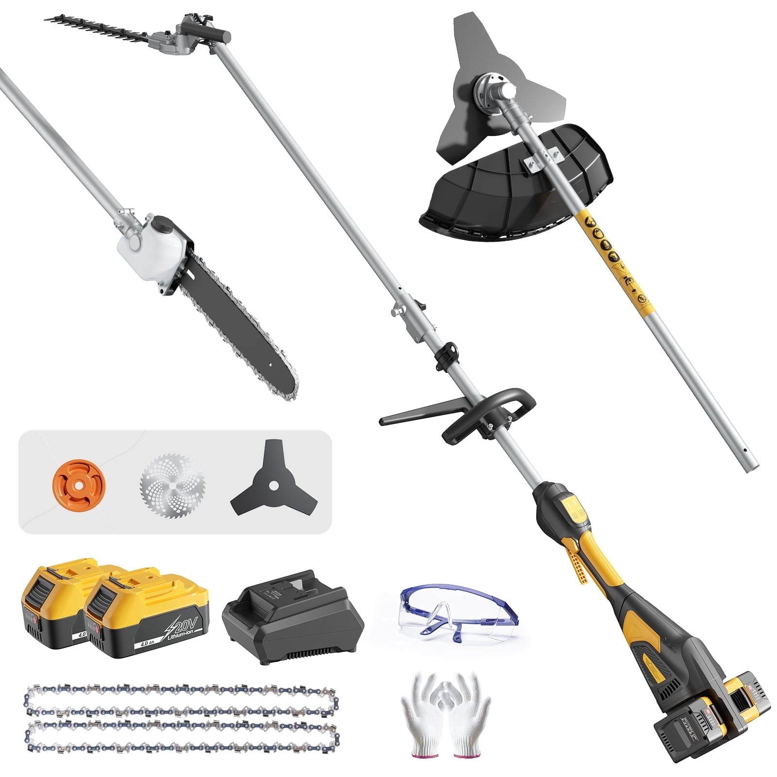 Fenbeli 4 in 1 Cordless Yard Tool Combo, String Trimmer, Brush Cutter, Pole Saw and Hedge Trimmer Kit, 40V Max Lithium Battery Powered with 2 Batteries and Charger