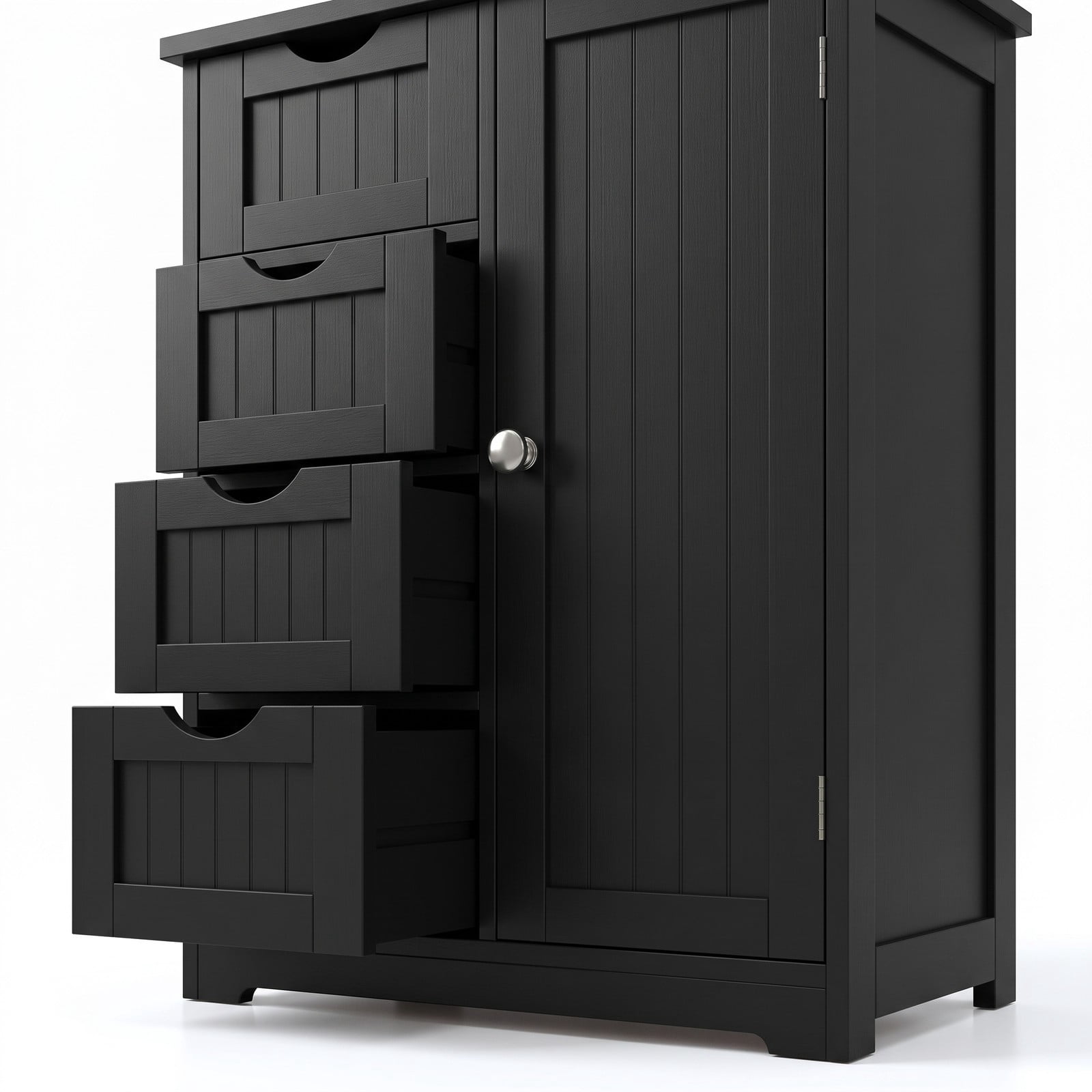 Fenbeli 4-Drawer Wooden Storage Cabinet with Side Door, Freestanding Bathroom Floor Organizer Chest for Living Room Bedroom Hallway, Modern Nightstand with, Black