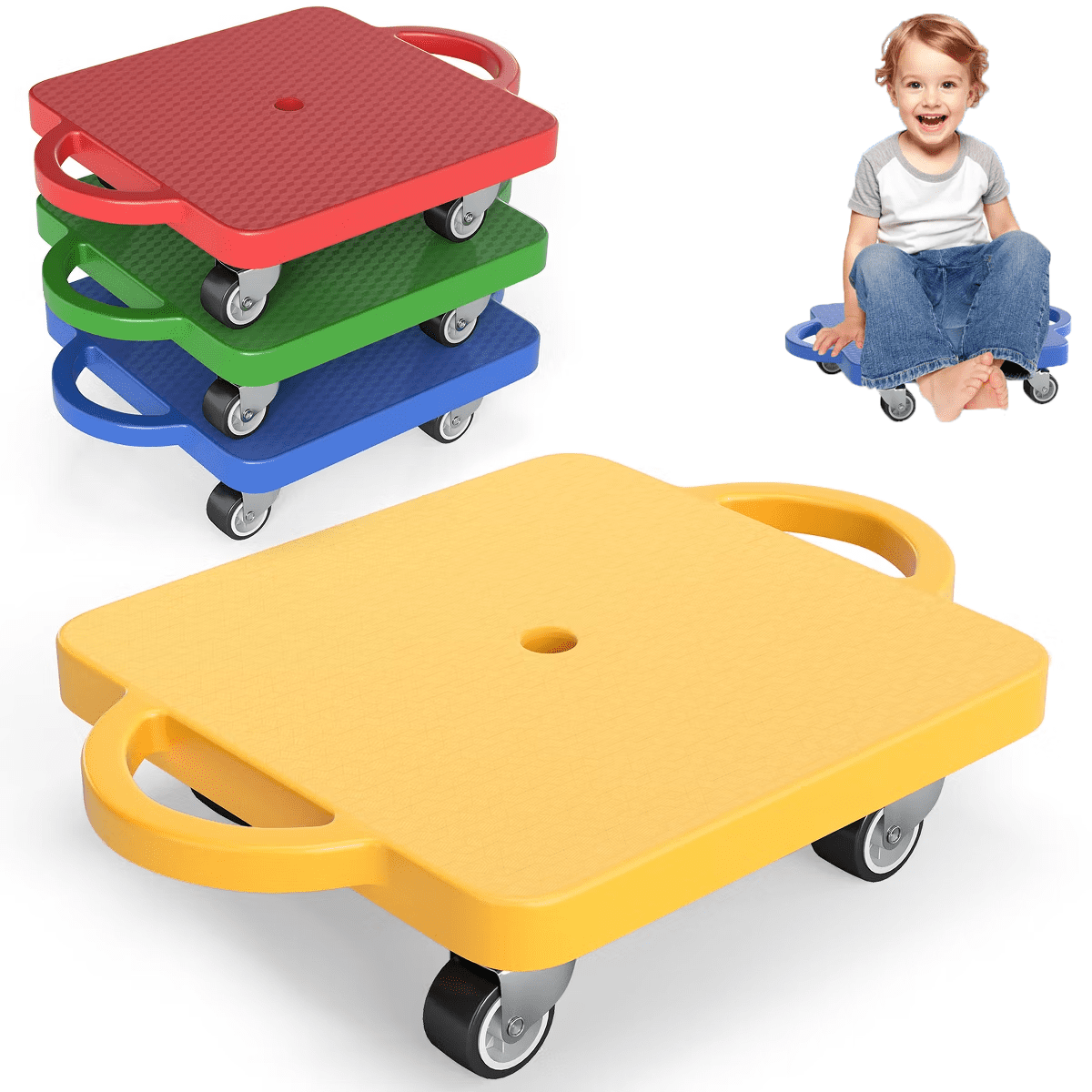 Fenbeli 4 Pieces Sport Scooters Board with Handles Sitting Scooter for kids Gym Indoor Outdoor Activities Play Equipment