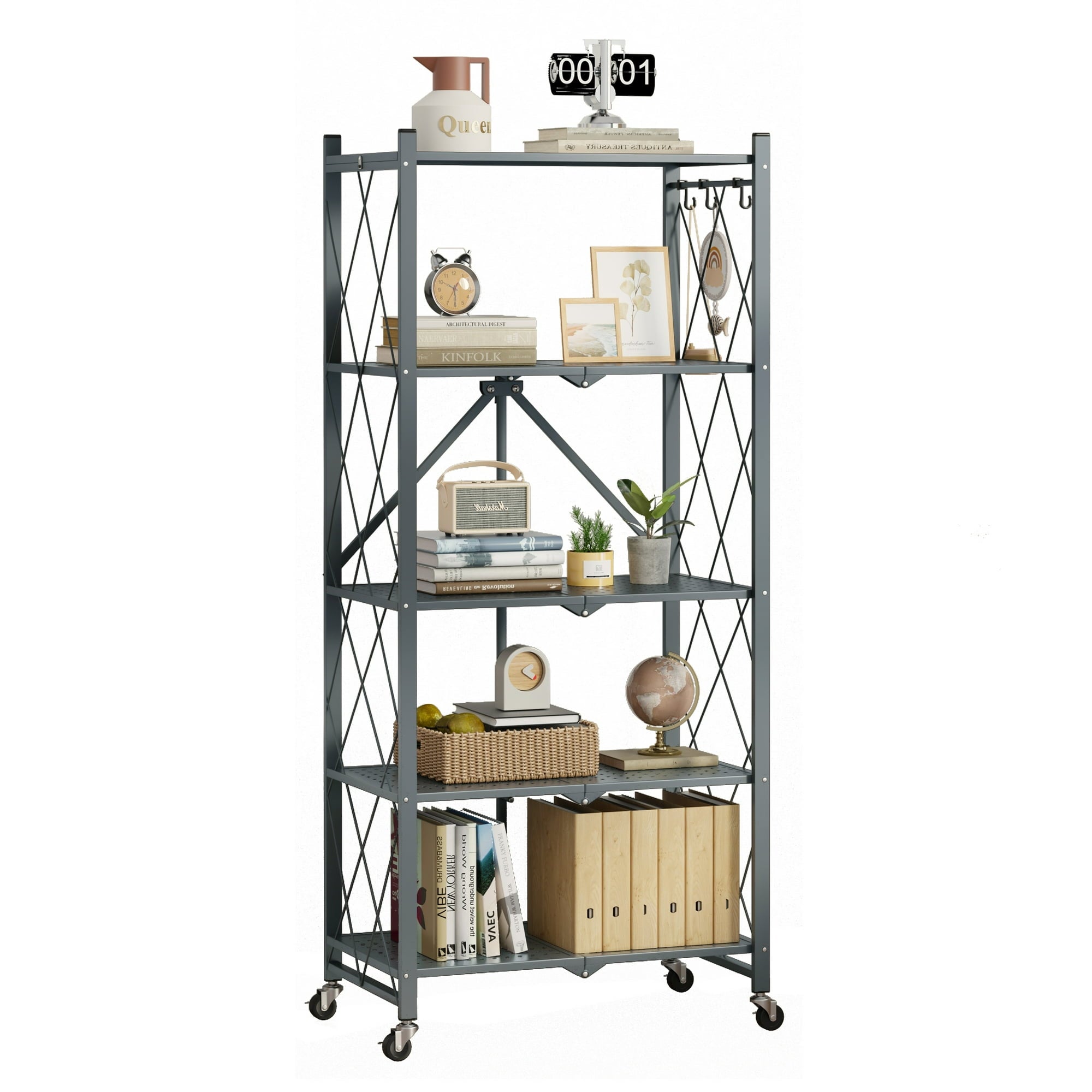 Fenbeli 5-Tier Storage Shelving Unit, Metal Shelf, Foldable Storage Shelf with Wheels, Garage Shelf, Metal Storage Rack with 3 Hooks