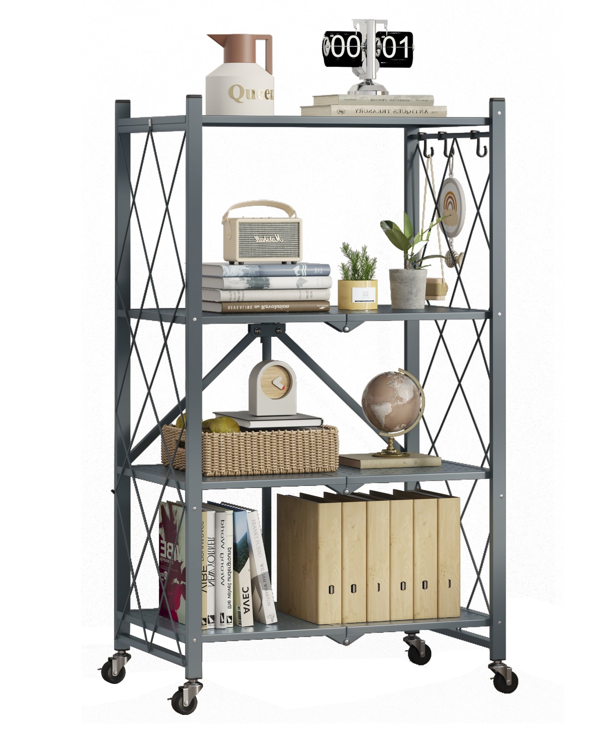 Fenbeli 4-Tier Storage Shelving Unit, Metal Shelf, Foldable Storage Shelf with Wheels, Garage Shelf, Metal Storage Rack, Kitchen Shelf with 3 Hooks