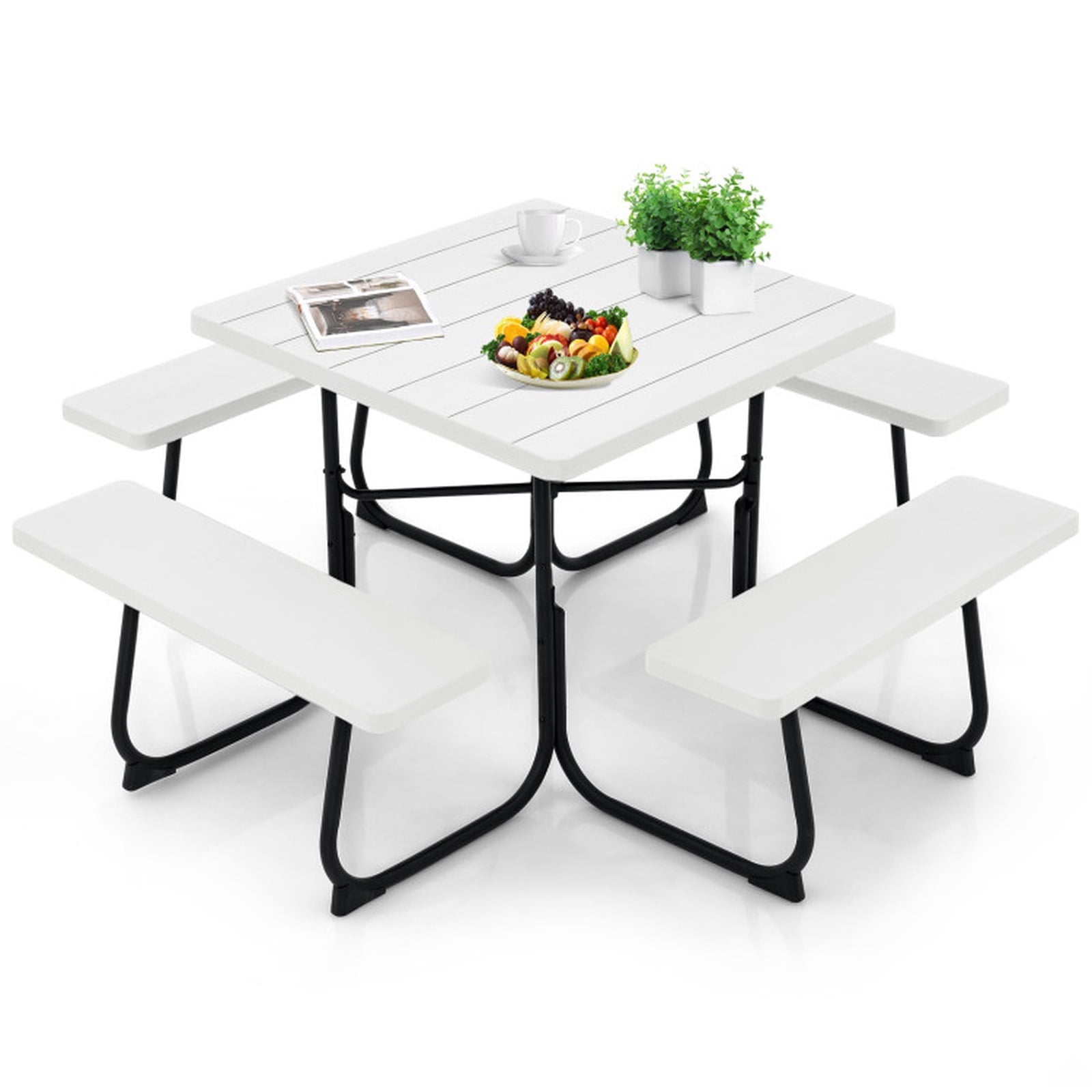 Fenbeli 8-Person Square Picnic Table and Bench Set with Umbrella Hole, HDPE Outdoor