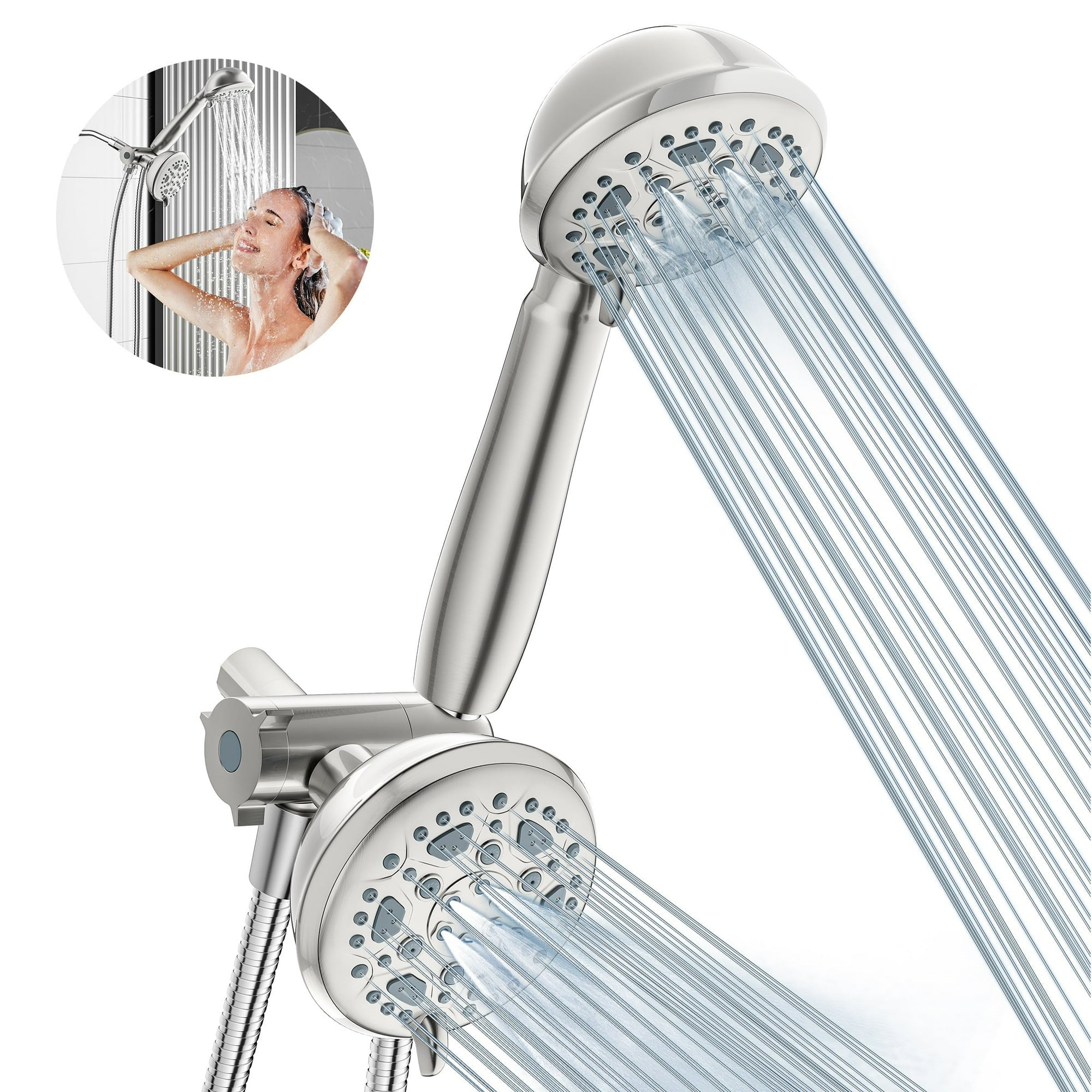 Fenbeli 6-Spray Setting Dual Rain Shower Head High Pressure Shower Heads with Handheld Valve and 59 Flexible Hose Brushed Nickel