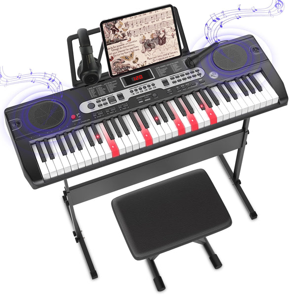 Fenbeli 61 Key Piano Keyboard with Lighted Keys Electric Keyboard Kit with Stand, Bench, Headphones, Built-in Speakers, Black