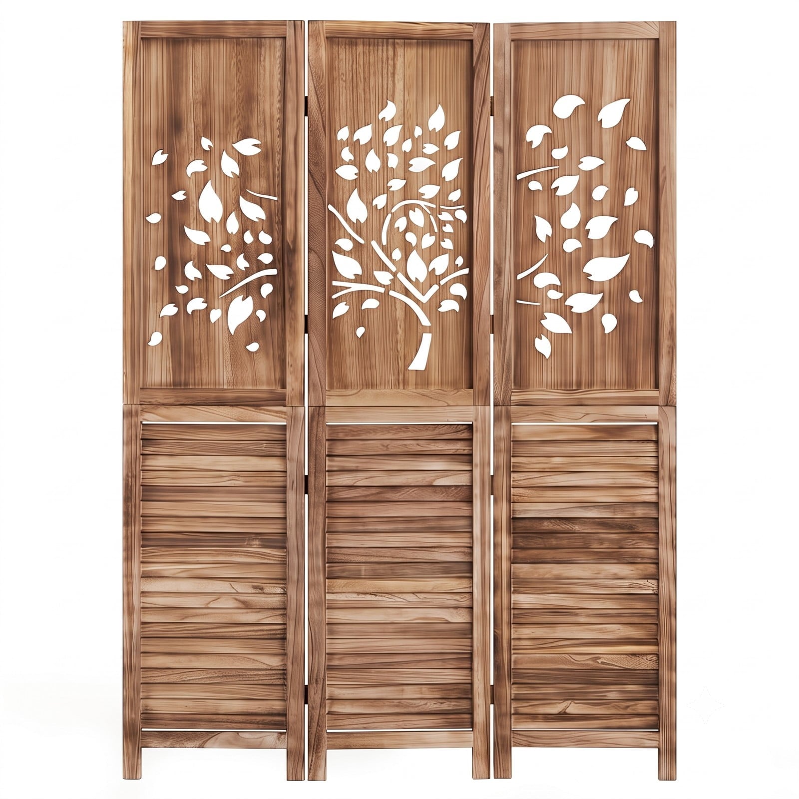 Fenbeli 67 Inch Folding Room Divider 3 Panel Freestanding Privacy Screen with Tree Cutout and Louver Design, Paulownia Wood Partition for, White and Rustic Brown