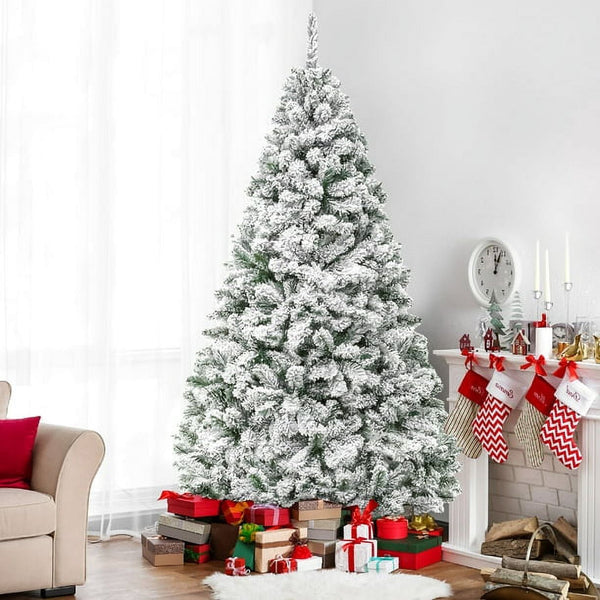 Fenbeli 6ft Artificial Snow Decorated Flocked Hinged Christmas Tree with Metal Stand, White