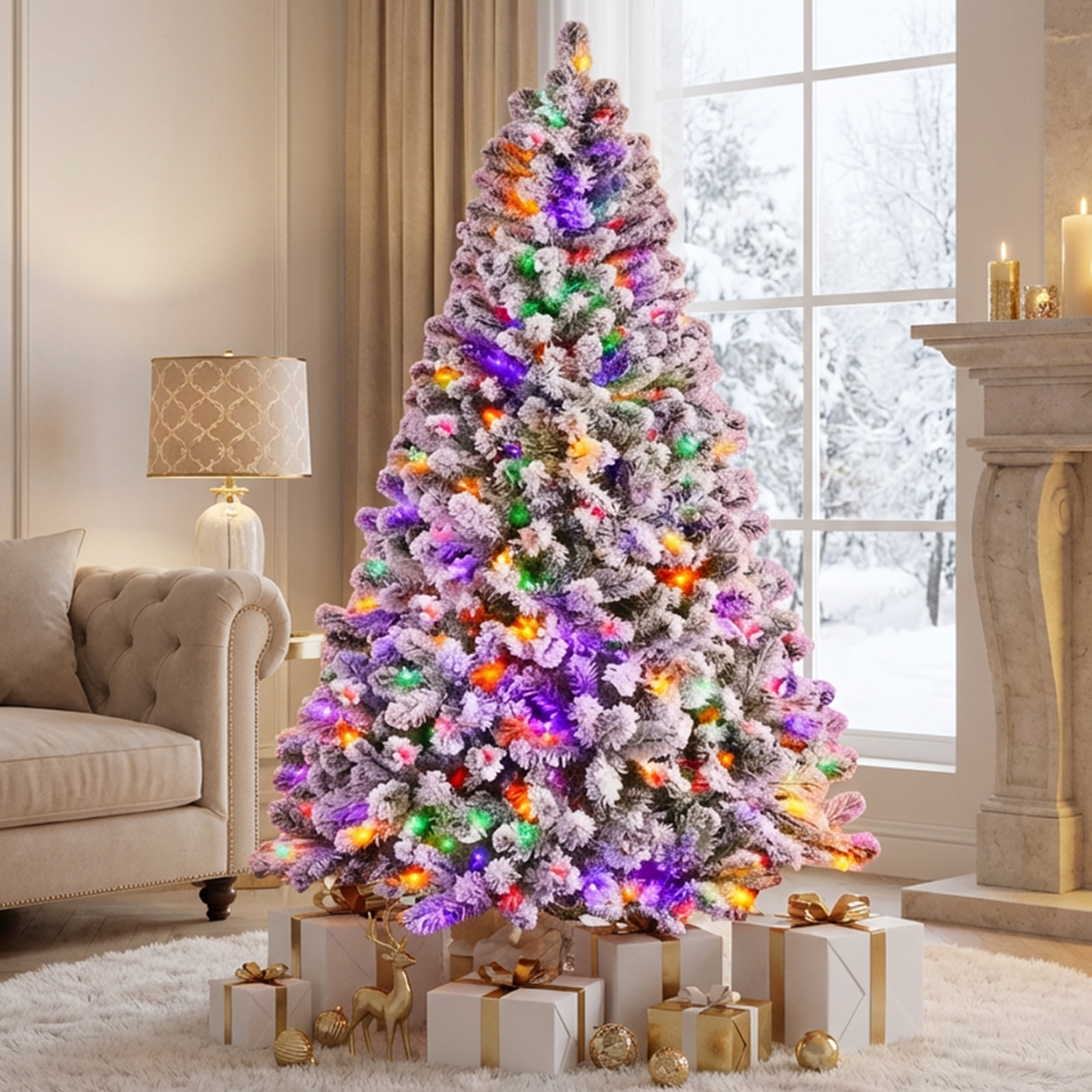 Fenbeli 7.5ft Pre-Lit Premium Snow Flocked Artificial Christmas Tree with 1405 Tips 350 LED Multicolor Lights