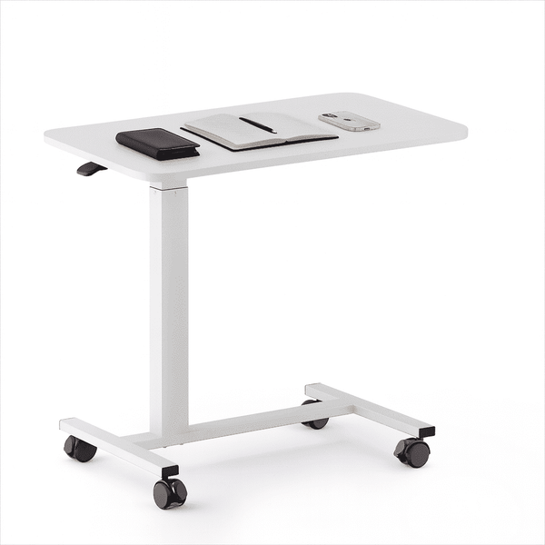 Furnibear Adjustable Rolling Desk with Lockable Wheels Portable Bed Side Table Standing Laptop Desk White