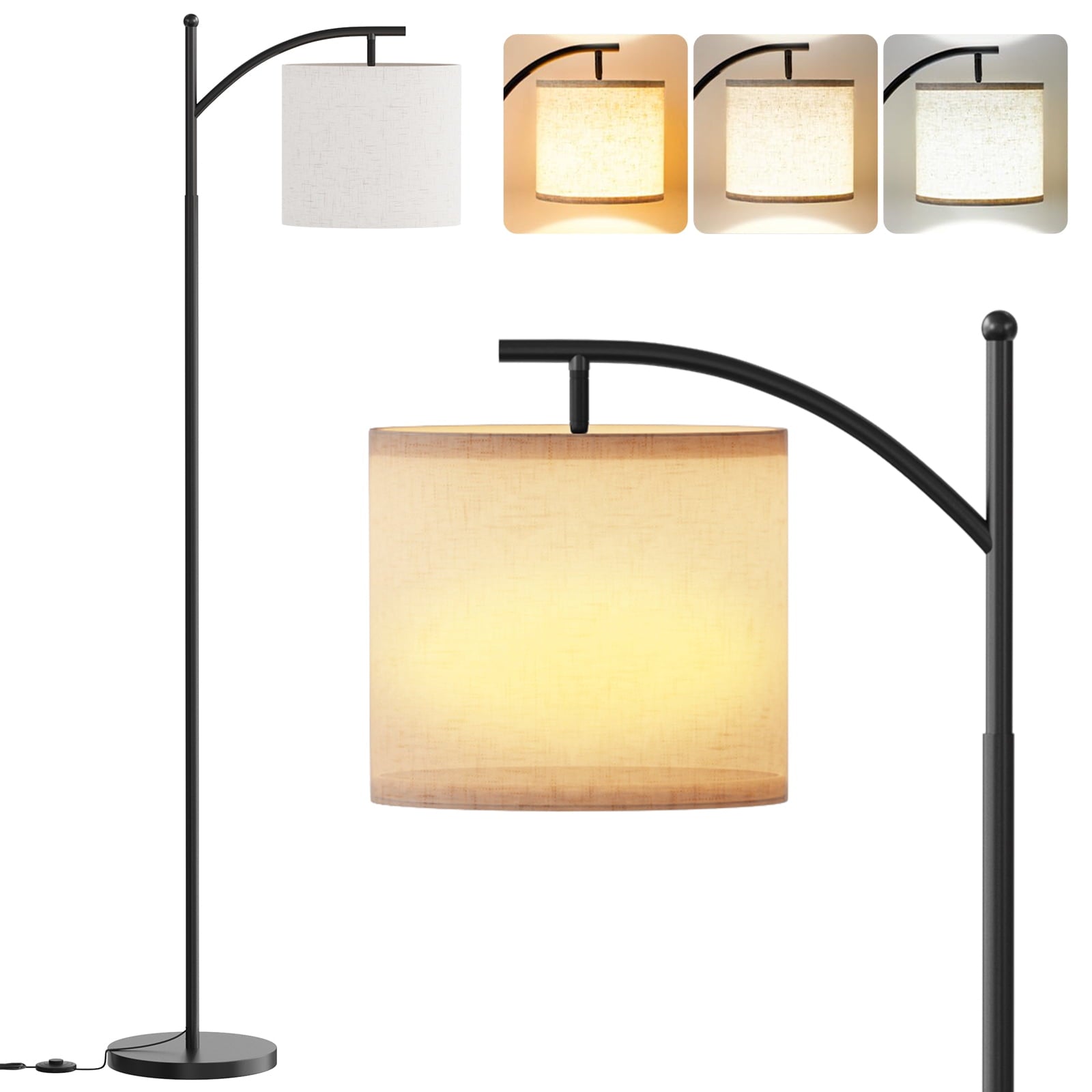 Fenbeli Arc Floor Lamp for Living Room, 61 Modern Standing Lamp with 3 Color Temperature LED Bulb Included, Adjustable Hanging Linen Drum Shade, Tall Floor Lamp with Foot Switch for Bedroom Office