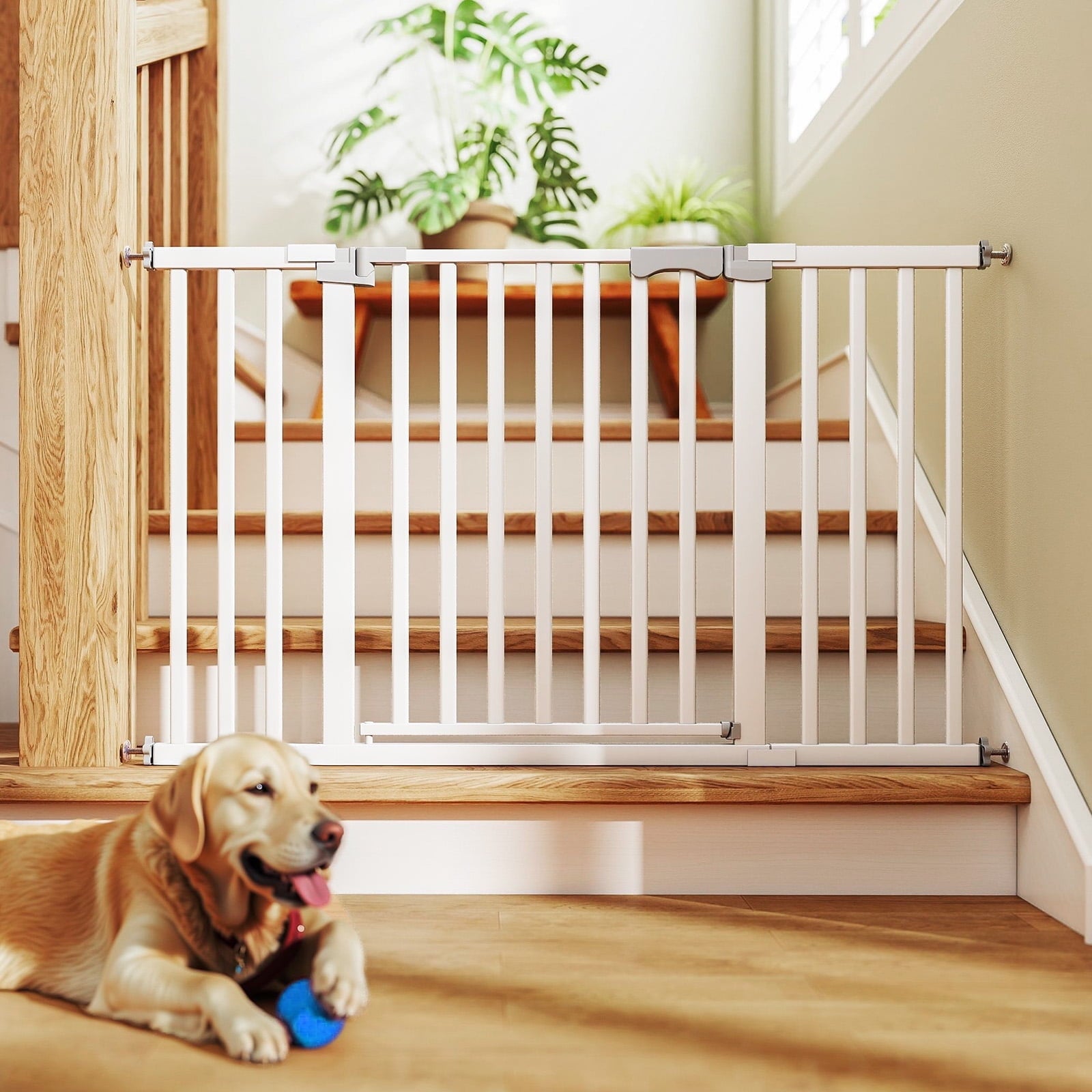 Fenbeli 30in-50in Baby Gates for Doorway, Auto Close Pet Gate, Gifts for Mom, Easy Install Pressure Mounted Dog Door, White