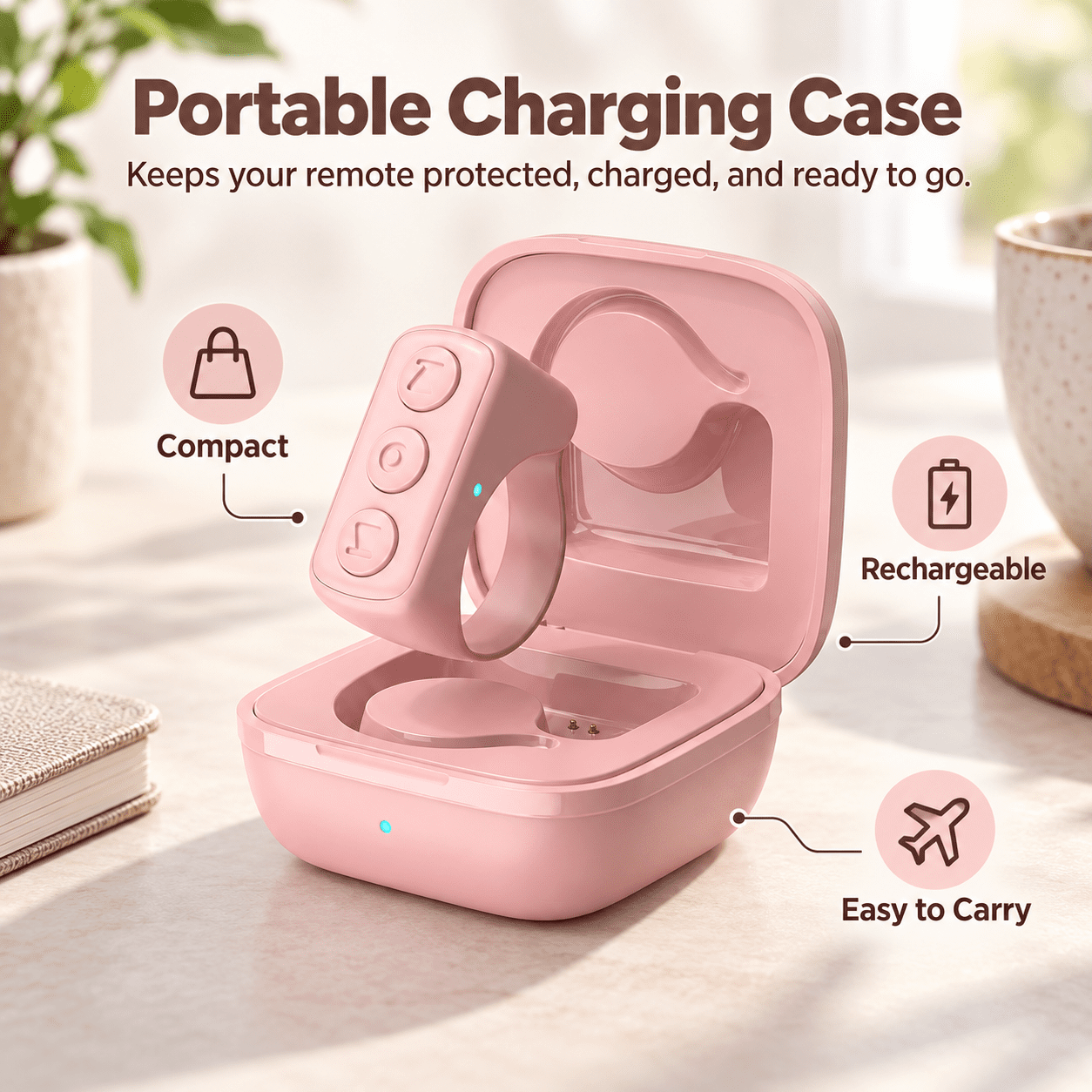 Fenbeli Bluetooth Scrolling Ring for TikTok, Wireless Finger Remote Control Page Turner with Charging Case, Camera Shutter Remote for iPhone iPad Android, Short Video Controller, Pink