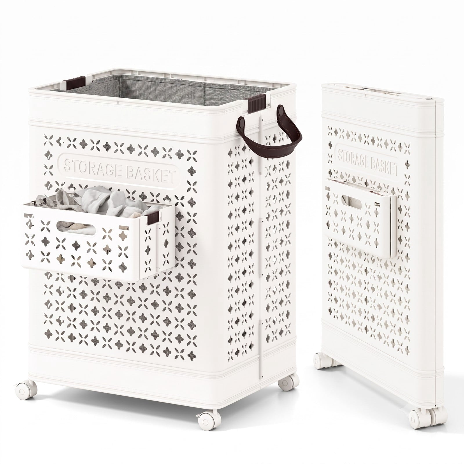 Fenbeli Collapsible Laundry Basket 20 Gallon, Plastic Foldable Laundry Hamper with Wheels, Handles and Hanging Basket, Waterproof PP Clothes Storage Bin Sorter, White