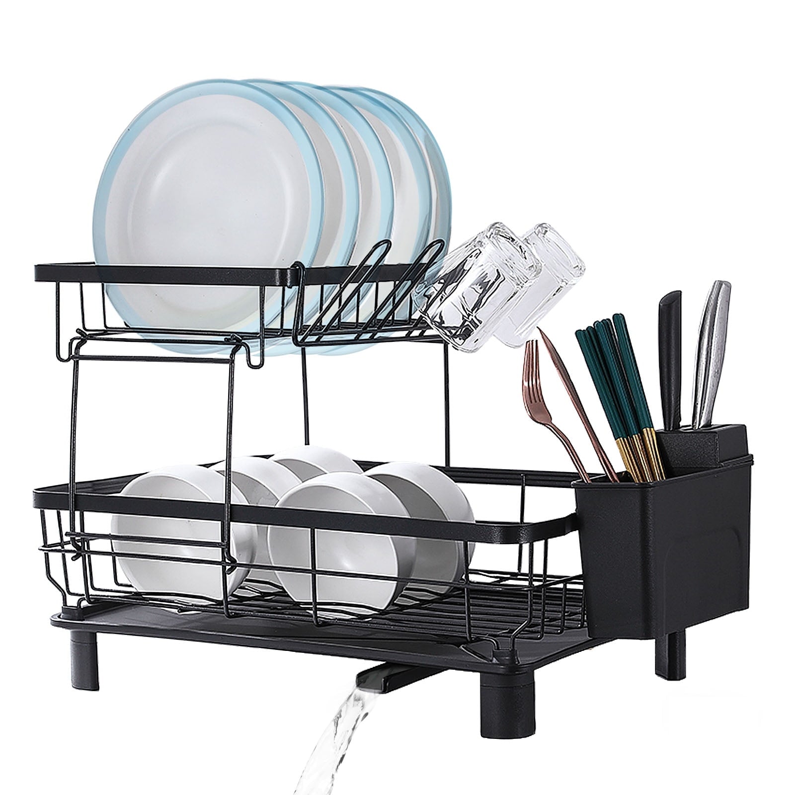 Fenbeli Dish Drying Rack Stainless Steel 2-Tier Detachable Dish Rack with Drain Board Tray Black