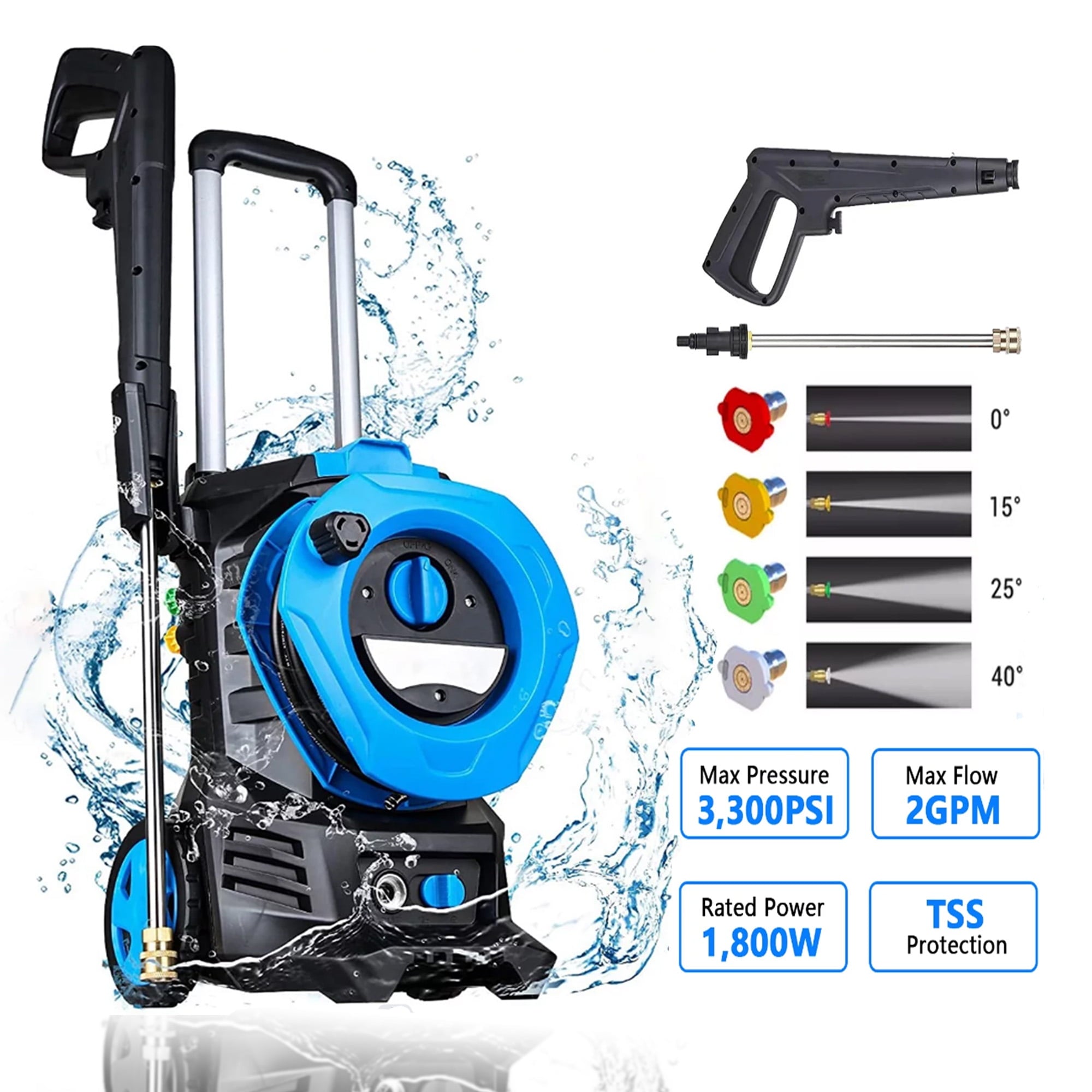 Fenbeli Electric Pressure Power Washer - 3300 PSI MAX 110V 2 GPM for Cars, Blue
