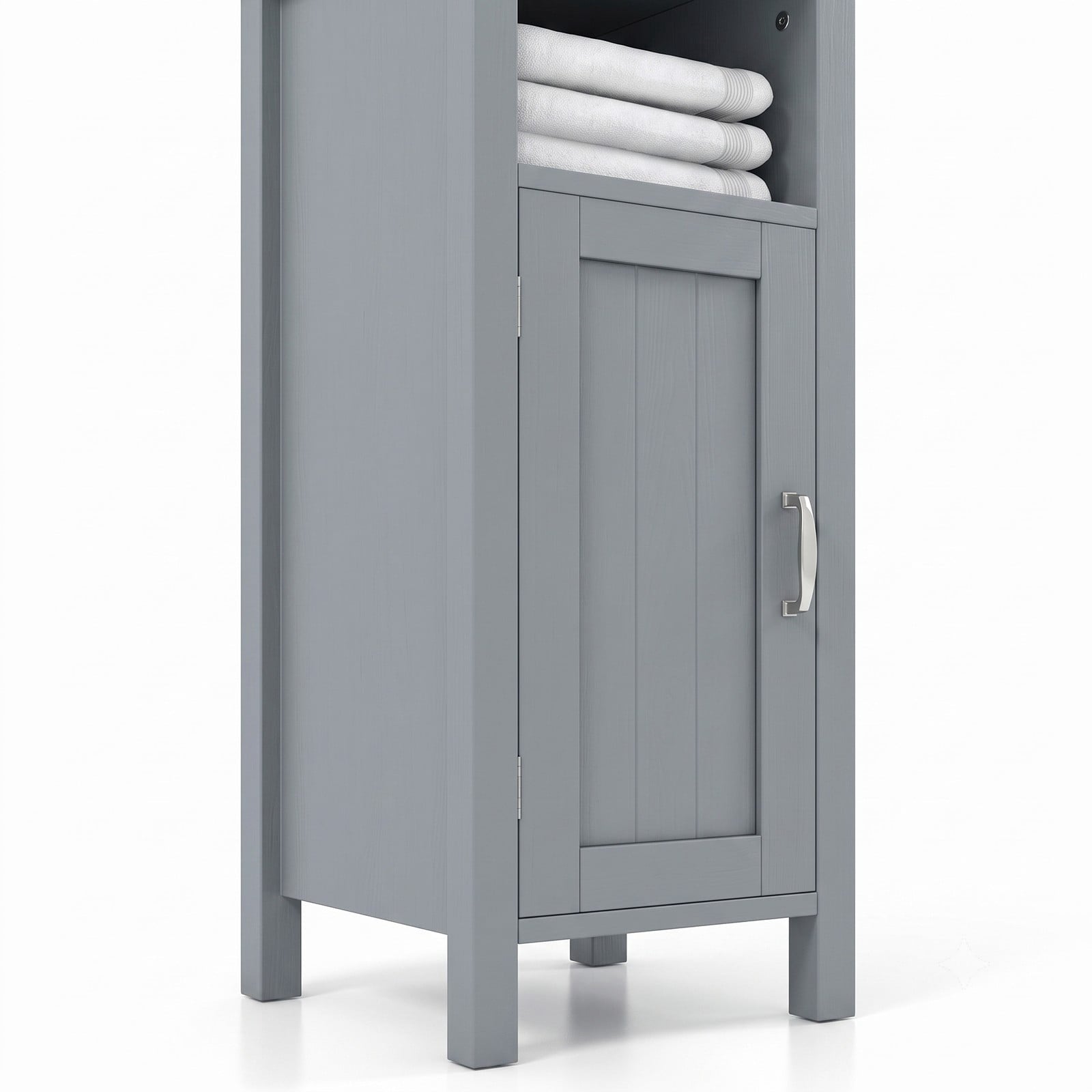 Fenbeli Freestanding Bathroom Storage Cabinet, 2-Tier Floor Organizer with Open Shelf and 1-Door Compartment, Anti-Tip MDF Corner Storage Unit for Bathroom, Gray