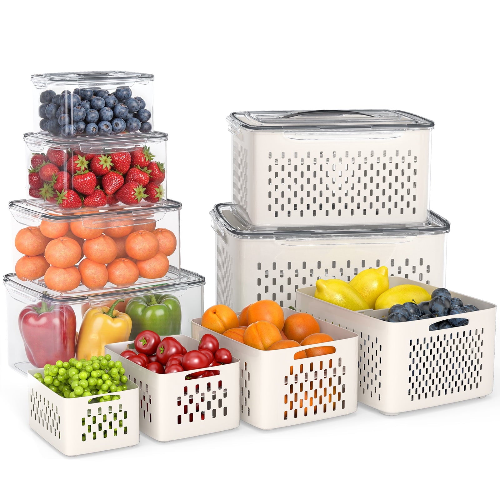 Fenbeli Fruit Vegetable Storage Containers for Fridge, 6 Pack Produce Saver with Lids and Removable Colander, BPA-Free Airtight Fresh Keeper with Adjustable Vent and Divider, Refrigerator Organizer Set