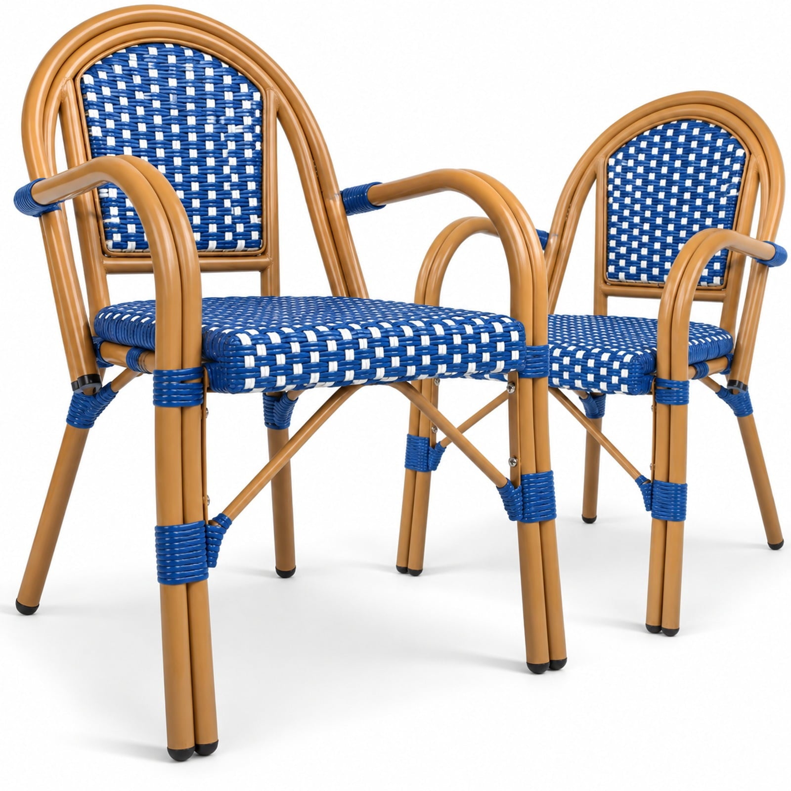 Fenbeli Hand-Woven PE Wicker Outdoor French Bistro Chairs Set of 2, Chair 400 lbs Capacity, PE Rattan Galvanized Metal Frame, Blue