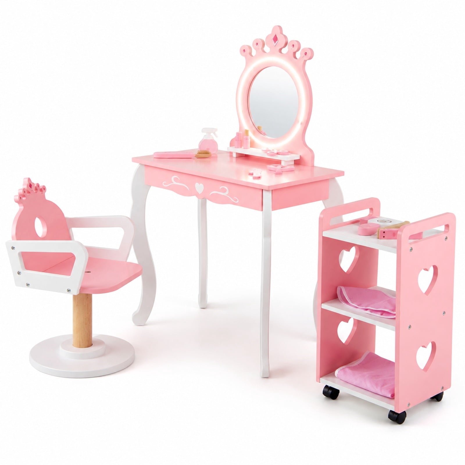 Fenbeli Kids Hair Salon Play Set with LED Lighted Mirror Wooden Pretend Hair Salon Station with Swivel Barber Chair, 66 lbs Capacity, Pink