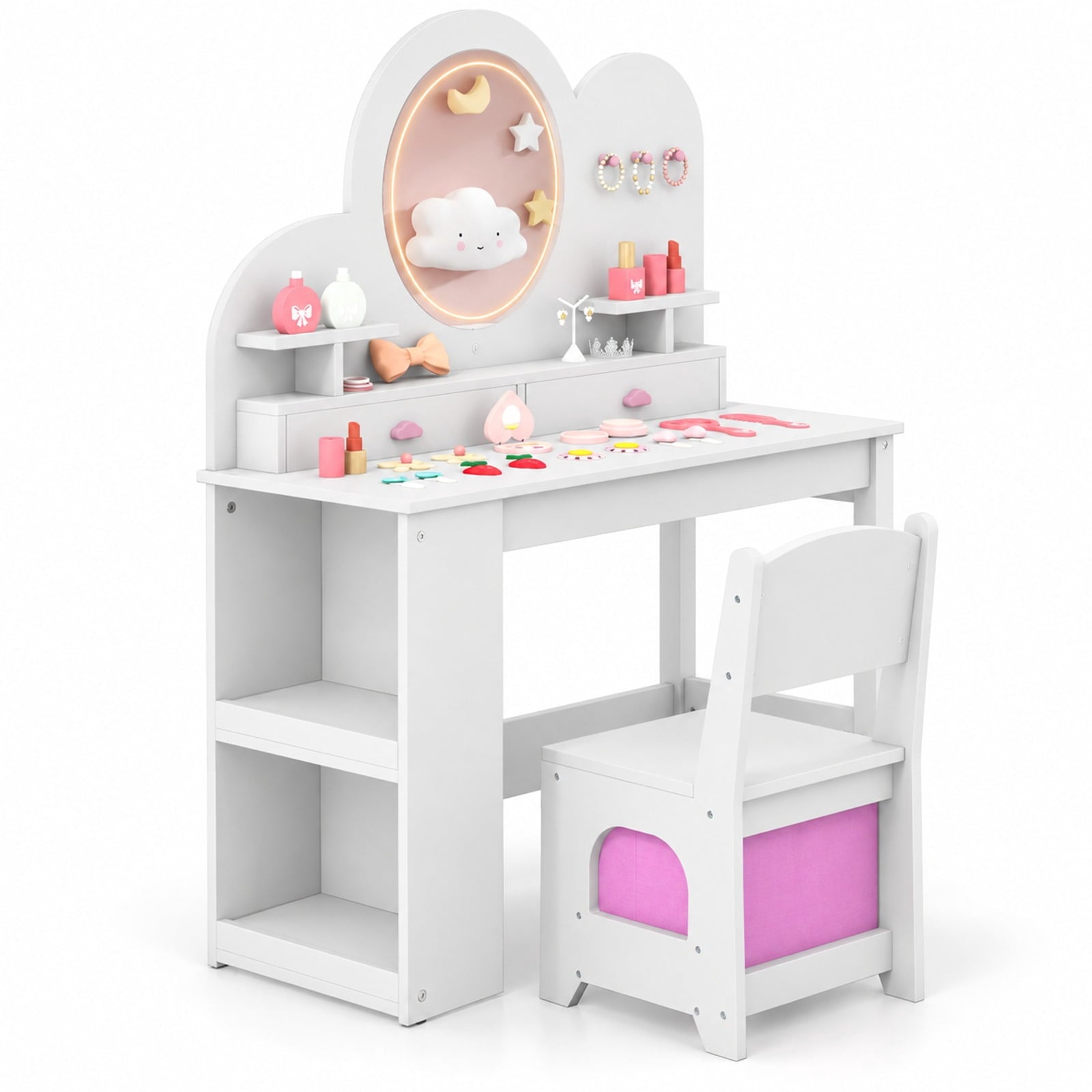 Fenbeli Kids Vanity with Lights Princess Vanity Table and Chair Set with 2 Drawers and 2-Tier Bookshelf, 45 lbs Capacity, MDF Non-woven Fabric Frame