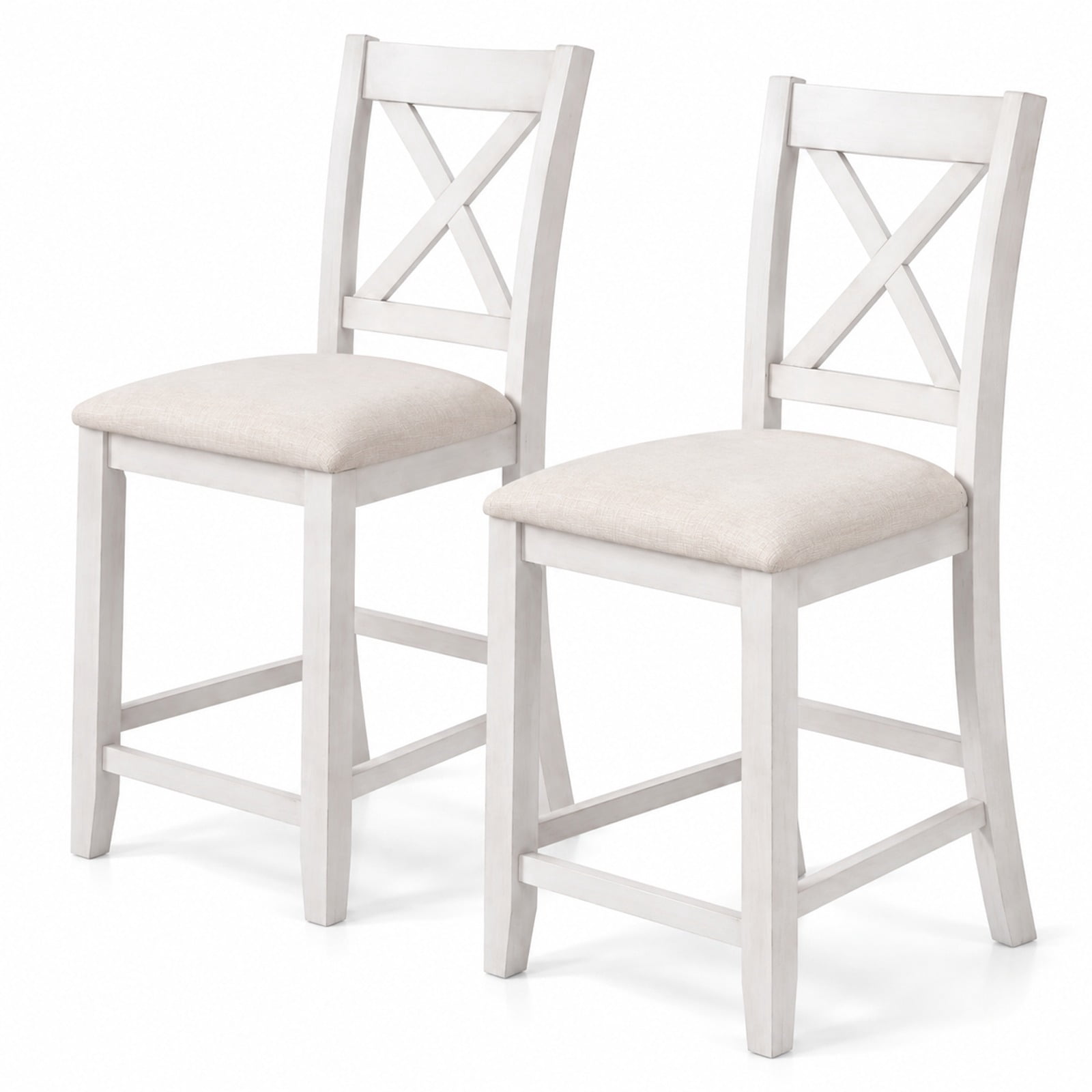 Fenbeli Modern Farmhouse Counter Height Stools with Footrest and Cushion, 330 lbs Capacity, Rubber MDF Linen Sponge Frame, White