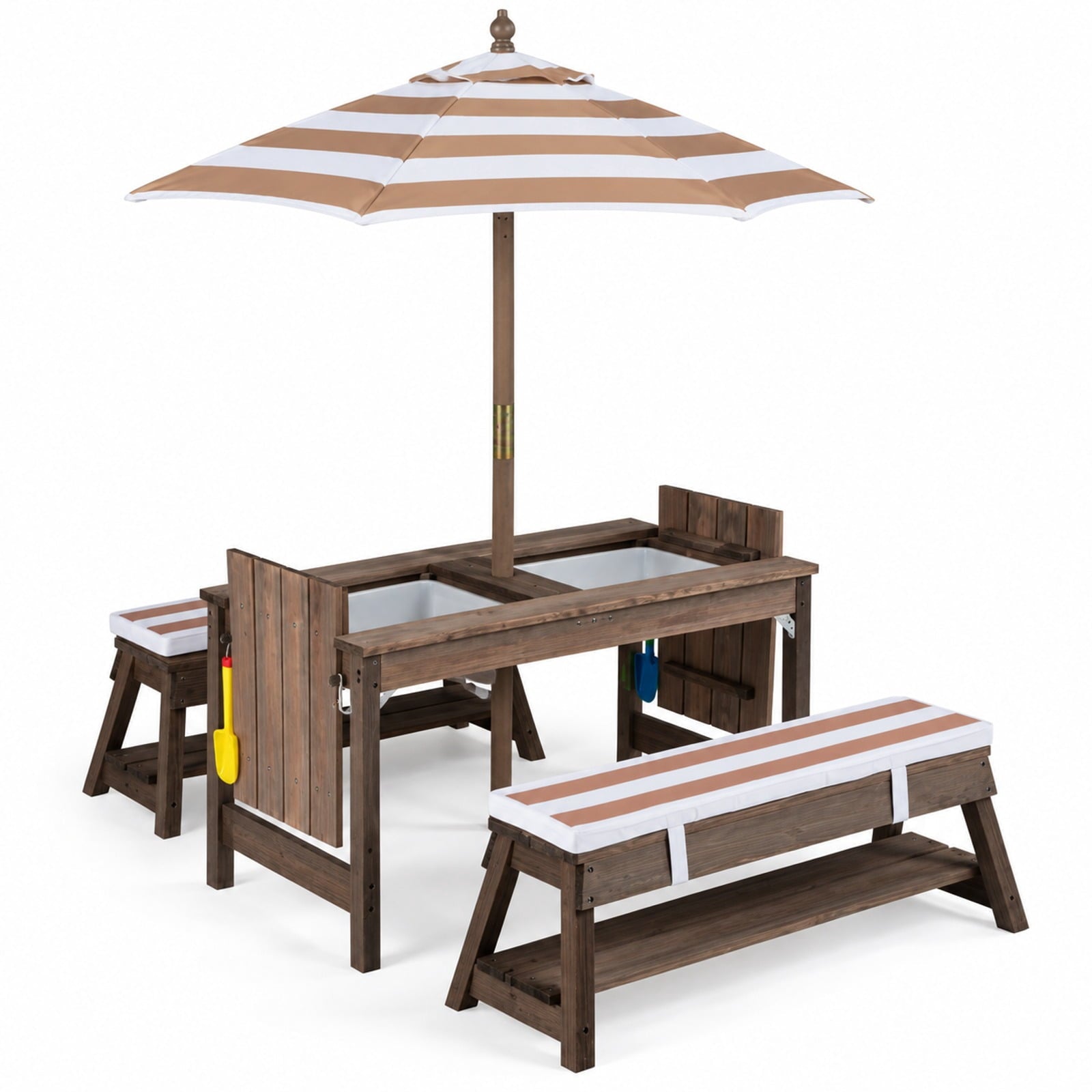 Fenbeli Outdoor Kids Wooden Picnic Table and Benches Set with Umbrella, 110 lbs Capacity, Fir Wood Nylon Fabric Sponge PP Frame, for 3+ Years Old