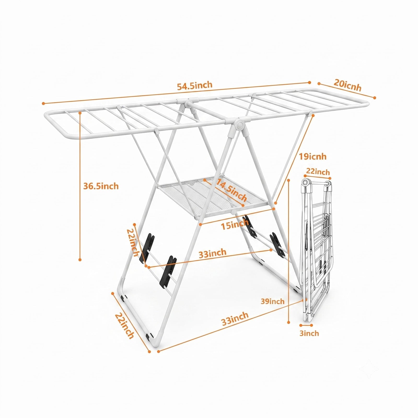 Fenbeli Portable Clothes Drying Rack, Foldable 2-Tier Steel Laundry Drying Rack with Adjustable Wings for Indoor Outdoor Garment Air Dry, Space-Saving, White
