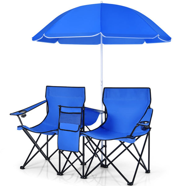 Fenbeli Portable Folding Picnic Double Chair With Removable Umbrella, Blue