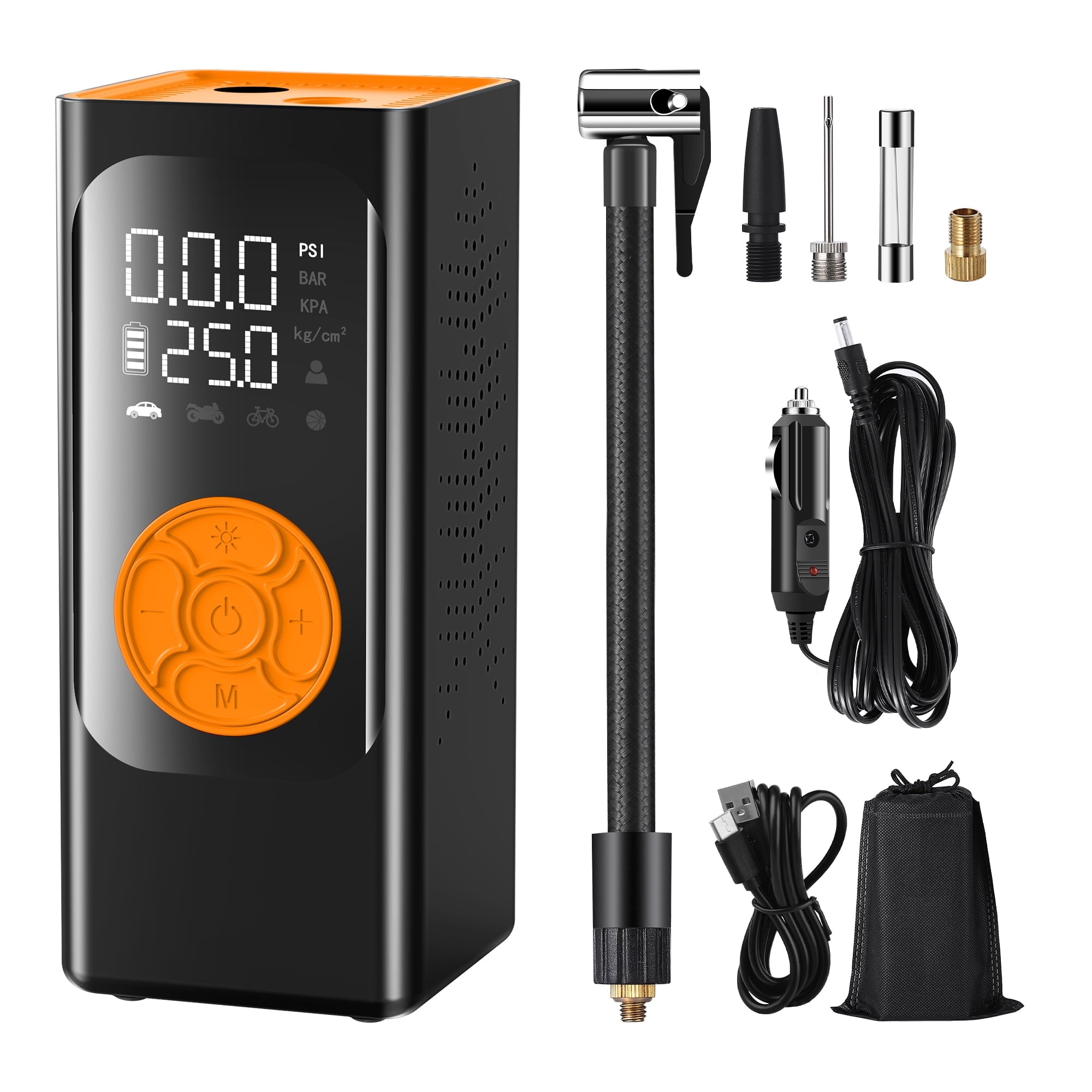 Fenbeli Portable Tire Inflator, 150PSI Cordless Air Compressor with 6000mAh Battery and DC 12V Dual Power, Digital Pressure Gauge, LED Light and Power Bank, Air Pump for Car Bike Motorcycle Ball, Black
