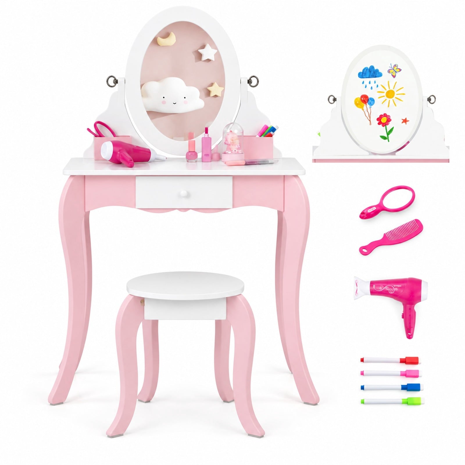 Fenbeli Pretend Kids Vanity Set with 360° Rotatable Mirror and Play Accessories, 66 lbs Capacity, MDF Acrylic Frame, 24 x 13.5 x 40 Footprint
