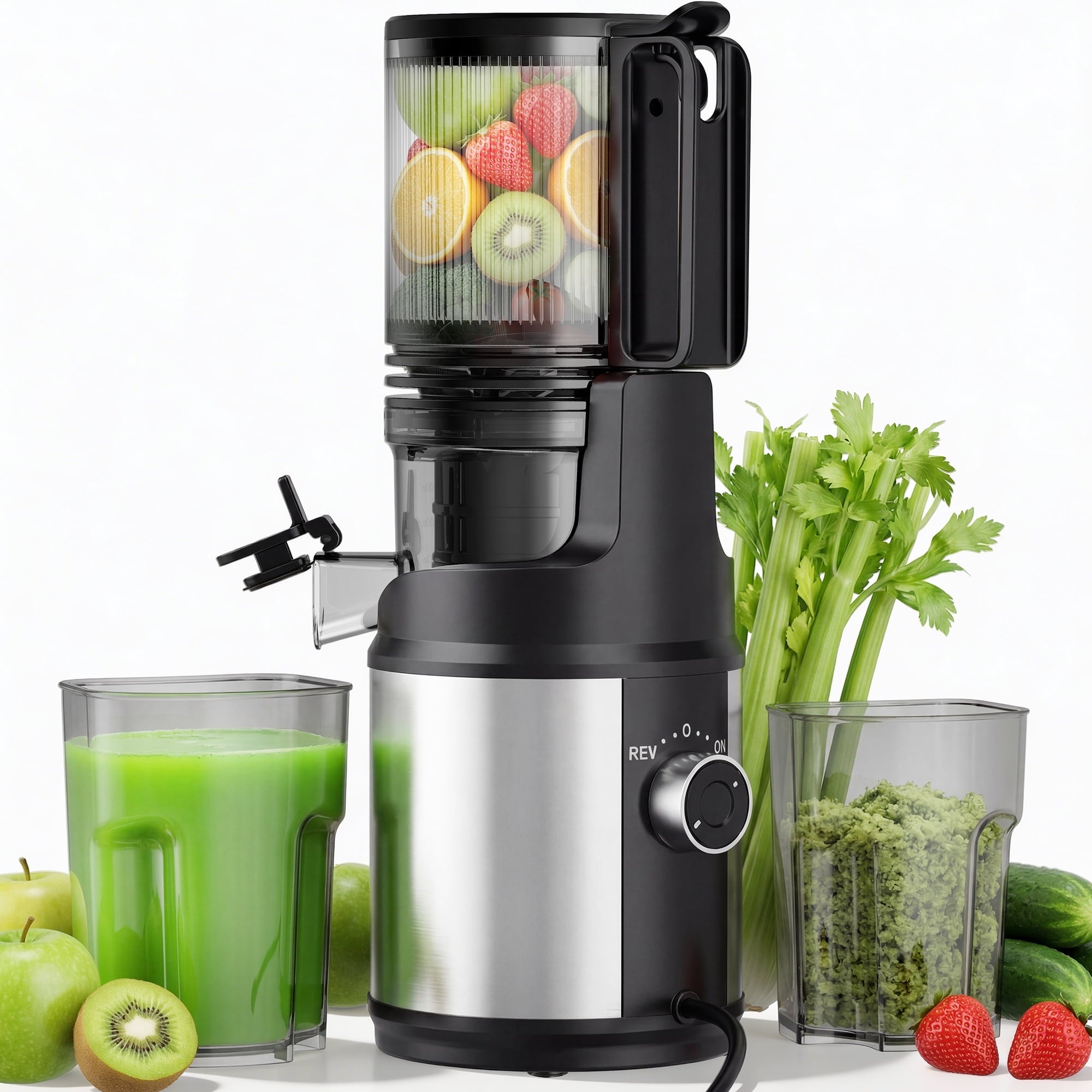 Fenbeli Slow Juicer, Cold Press Juicer Machine, 150W Masticating Juicer for Fruits and Vegetables, 2L Capacity, Black