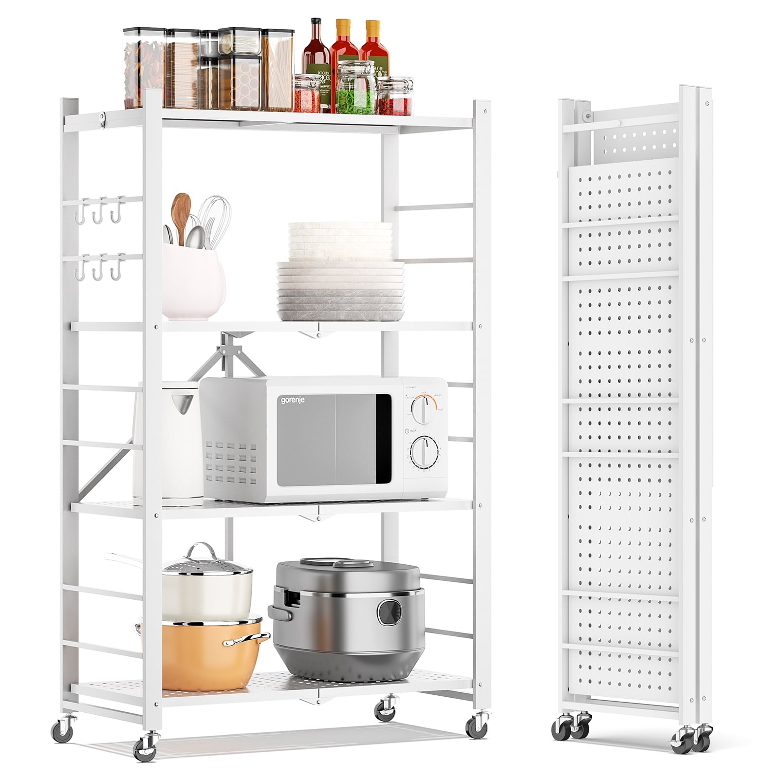 Fenbeli Storage Shelves,4-Tier Foldable Metal Wire Storage Shelf with Wheels, Heavy Duty Organizer Rack for Garage, Kitchen, Closet, White