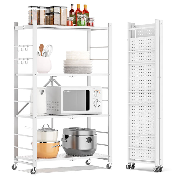 Fenbeli Storage Shelves,4-Tier Foldable Metal Wire Storage Shelf with Wheels, Heavy Duty Organizer Rack for Garage, Kitchen, Closet, White