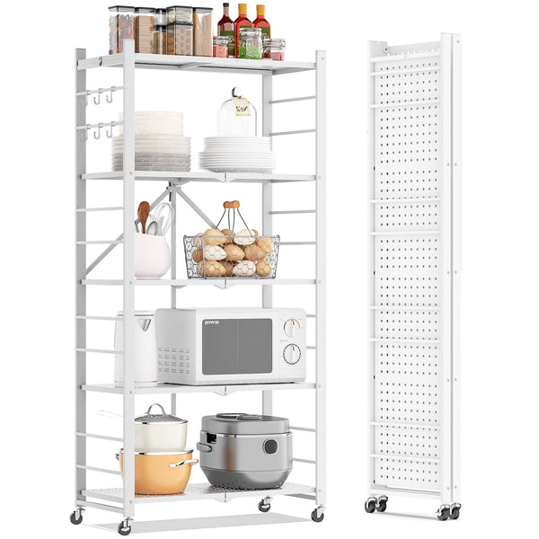 Fenbeli Storage Shelves,5-Tier Foldable Metal Wire Storage Shelf with Wheels, Heavy Duty Organizer Rack for Garage, Kitchen, Closet, White