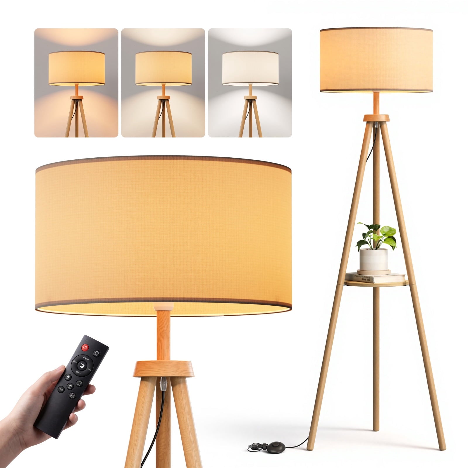 Fenbeli Tripod Floor Lamp with Shelf, 59 Wood Standing Lamp with Remote and APP, Dimmable 3 Color Temperature RGB LED Bulb Included, Linen Shade for Living Room Bedroom, Natural