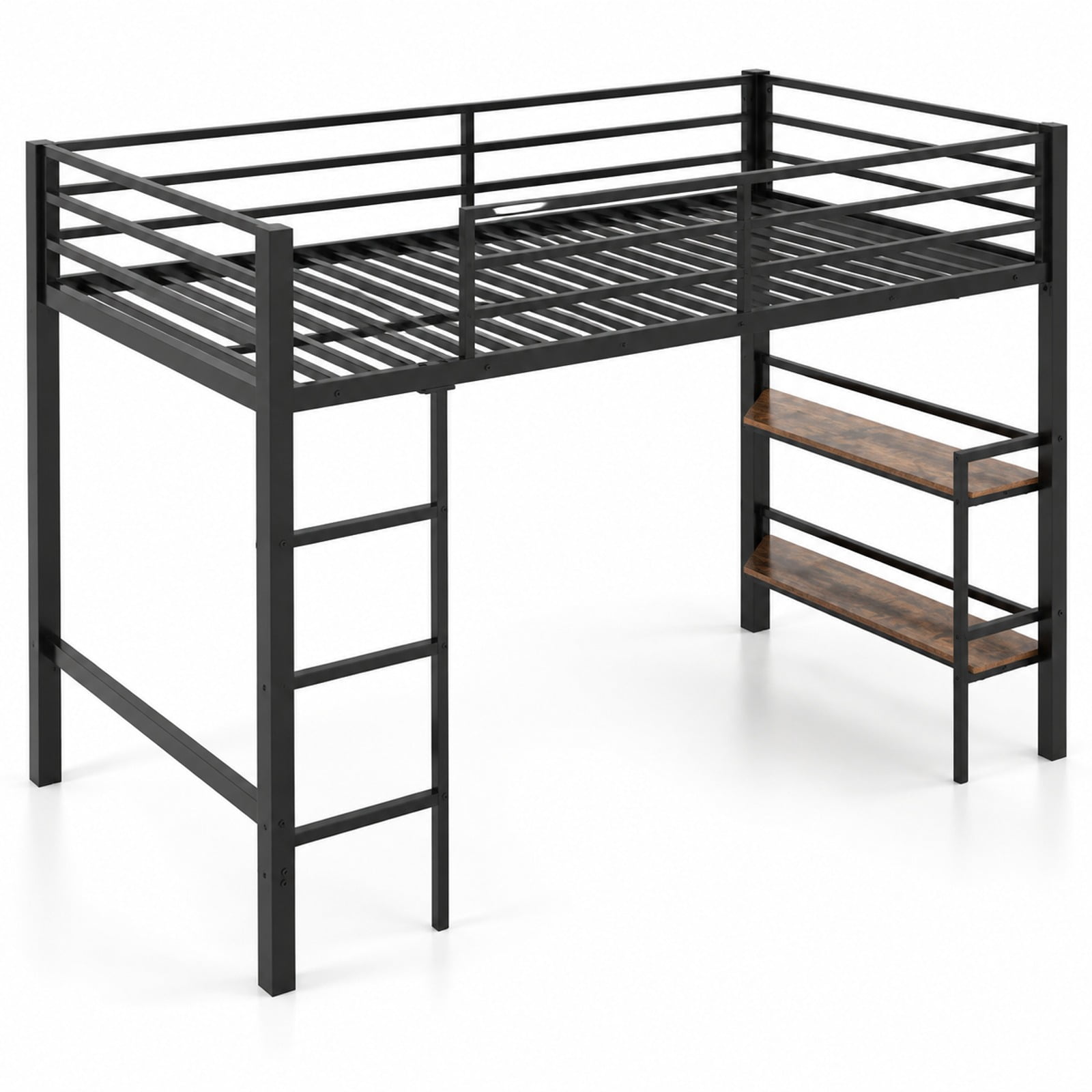 Fenbeli Twin Size Low Loft Bed with Ladder and Storage Shelves Metal Frame for Boys Girls, 485 lbs Capacity, Metal Engineered Wood Frame, Black
