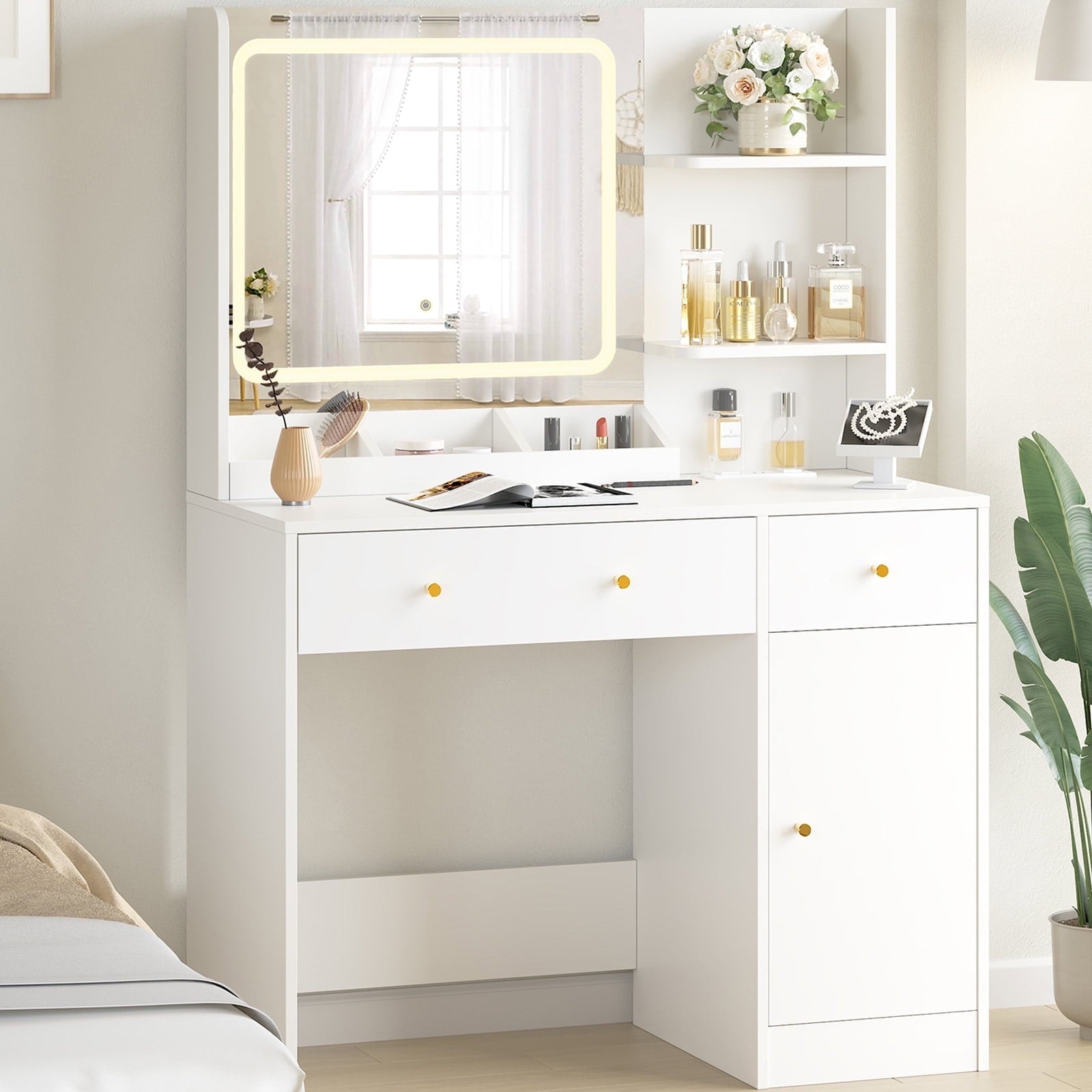 Fenbeli White Vanity Desk with Lighted Mirror, Makeup Table with Charging Station, Large Vanity Set with 3 Storage Compartments for Bedroom