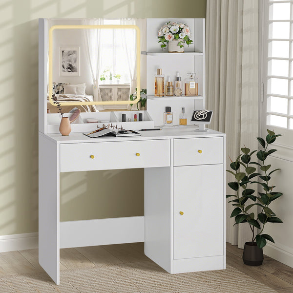 Fenbeli Vanity Set with Mirror and Lights Makeup Vanity with 3 Drawers Vanity Desk for Girls Women White