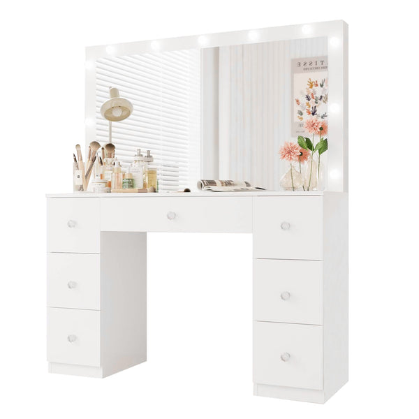 Fenbeli Vanity Desk with Mirror, LED Lights Makeup Vanity Table with 7 Drawers for Bedroom Dressing Room, White Finish