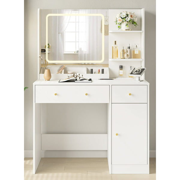 Fenbeli Vanity Table with LED Lights And Power Strip - White