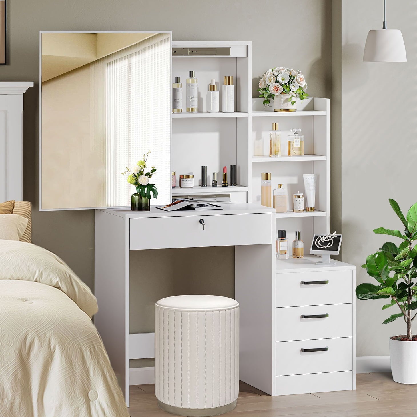 Fenbeli Adjustable Mirror Vanity Set Makeup Vanity with 4 Drawers Vanity Desk for Girls Women White