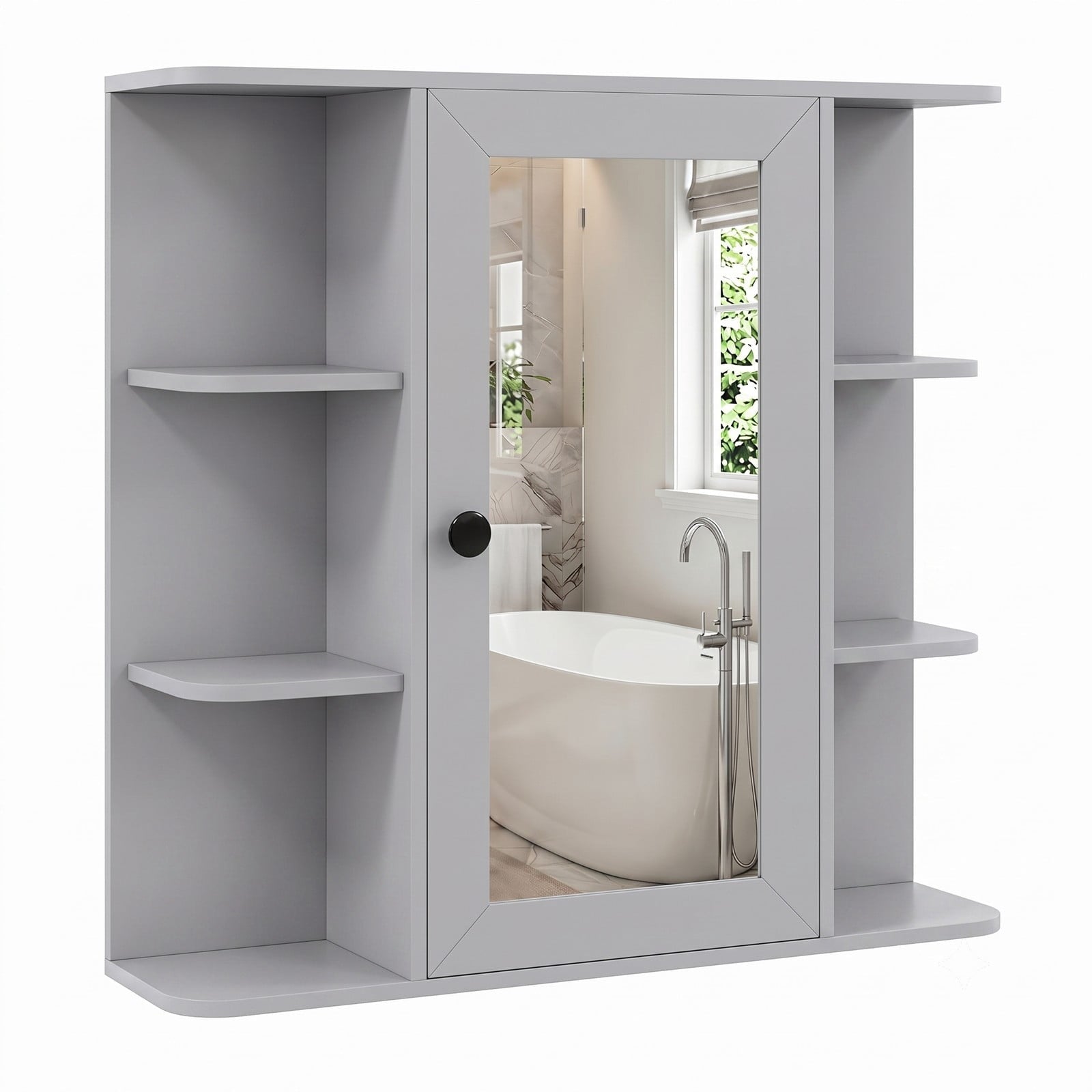 Fenbeli Wall Mounted Bathroom Medicine Cabinet with Mirror and Open Shelves, Wood Storage Organizer with Mirrored Door and Adjustable Compartments for Bathroom, Gray