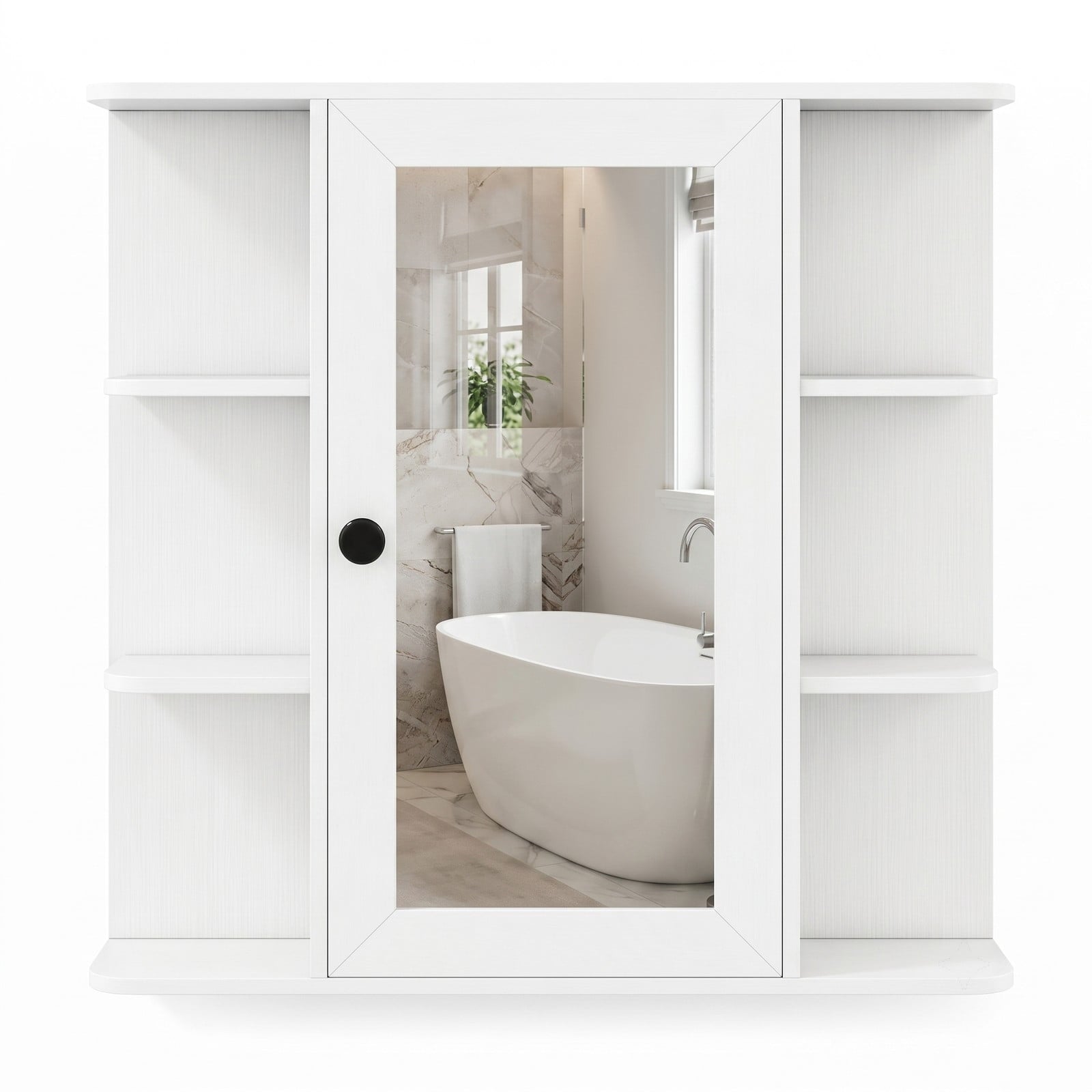 Fenbeli Wall Mounted Bathroom Medicine Cabinet with Mirror and Open Shelves, Wood Storage Organizer with Mirrored Door and Adjustable Compartments for Bathroom, White
