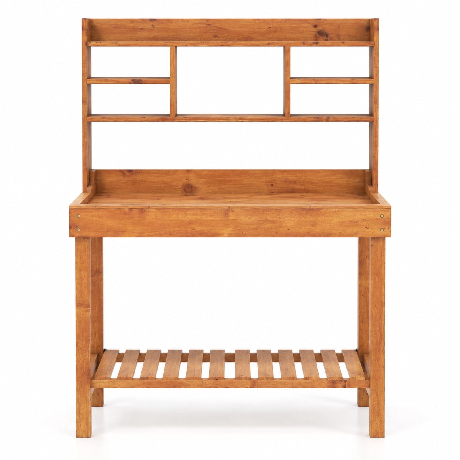 Fenbeli Wooden Potting Bench Table Garden Planting Workstation with 3-Tier Open Shelf, Upper Shelf 22 lbs Capacity, Fir Wood Frame, Brown