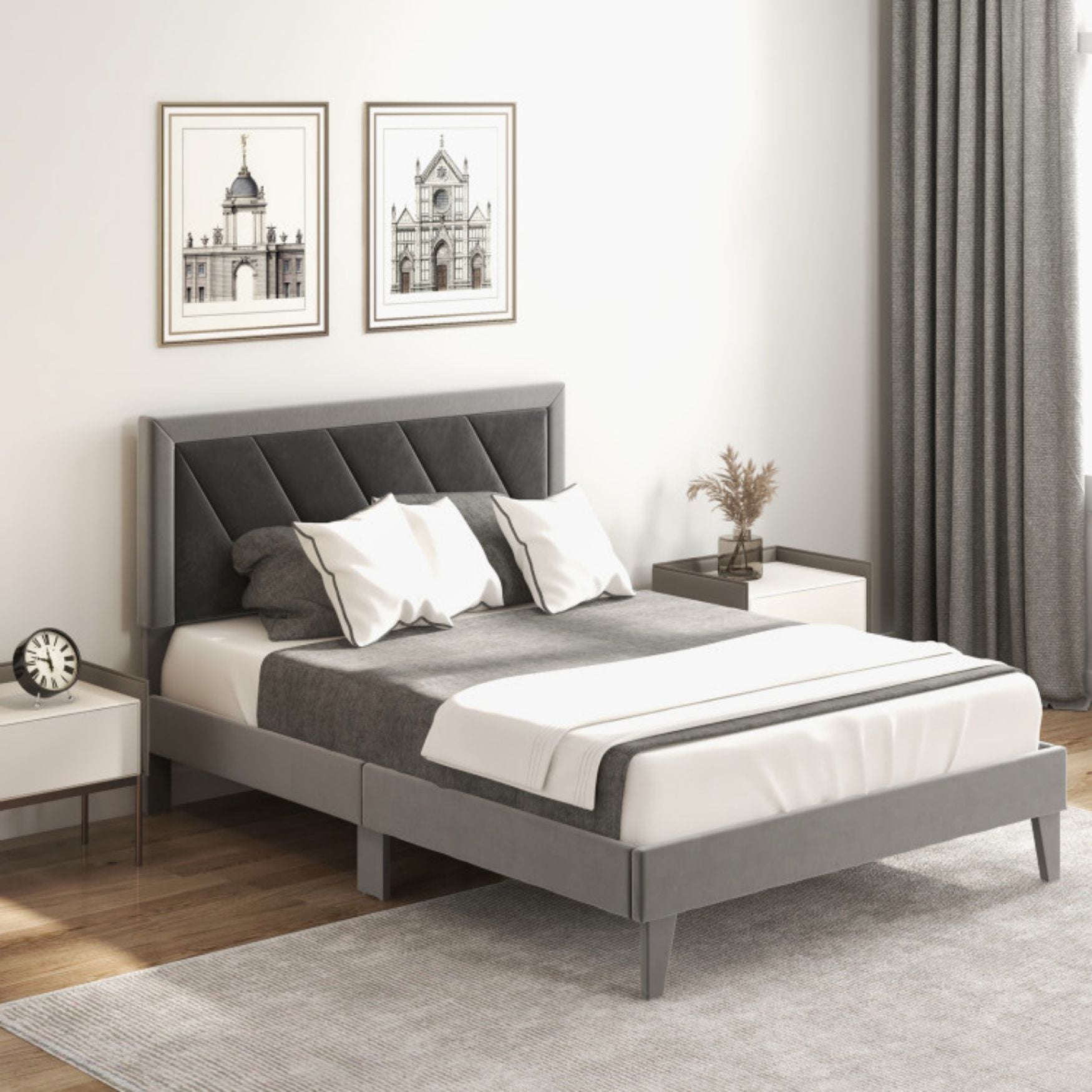Full Platform Bed with High Headboard and Wooden Slats