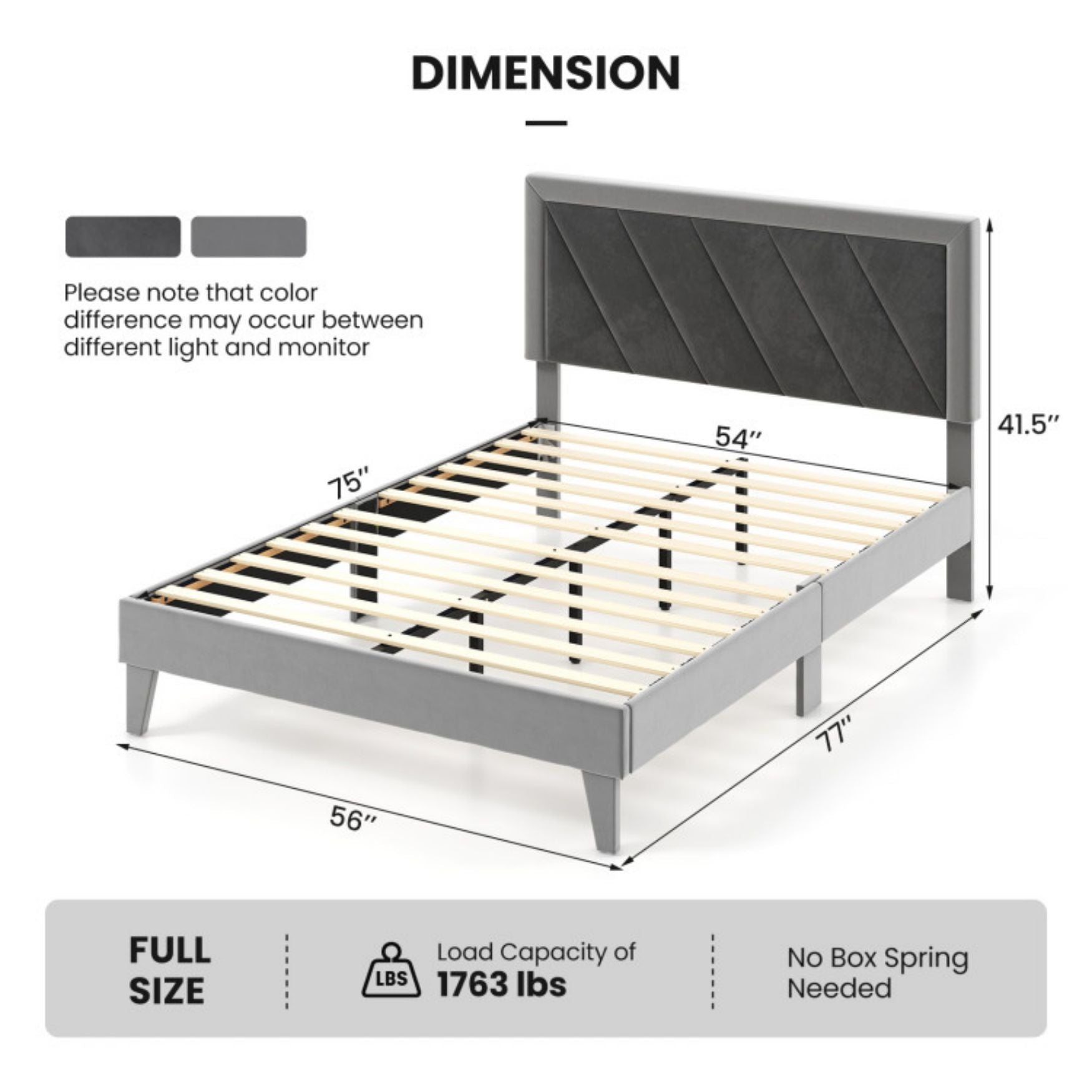Full Platform Bed with High Headboard and Wooden Slats