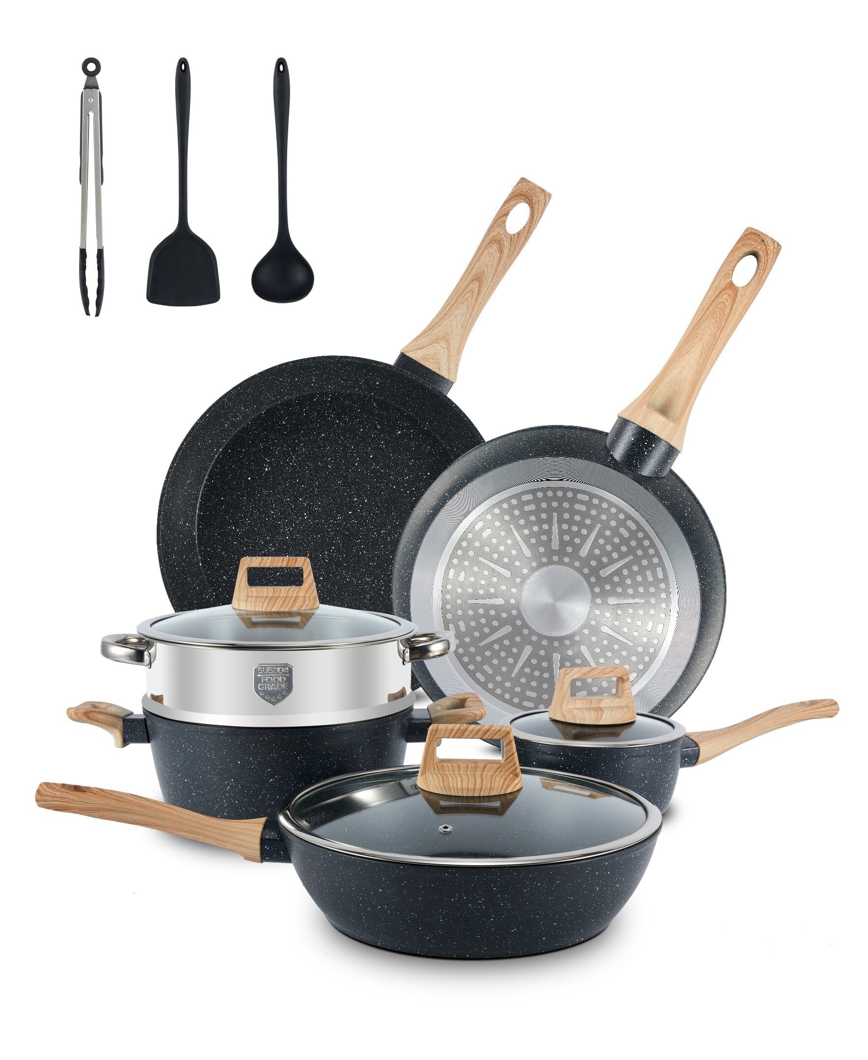 Fenbeli 12 Pcs Pots and Pans Set Nonstick,Ceramic Cookware Set with Pots Protectors and Cooking Utensils,Black