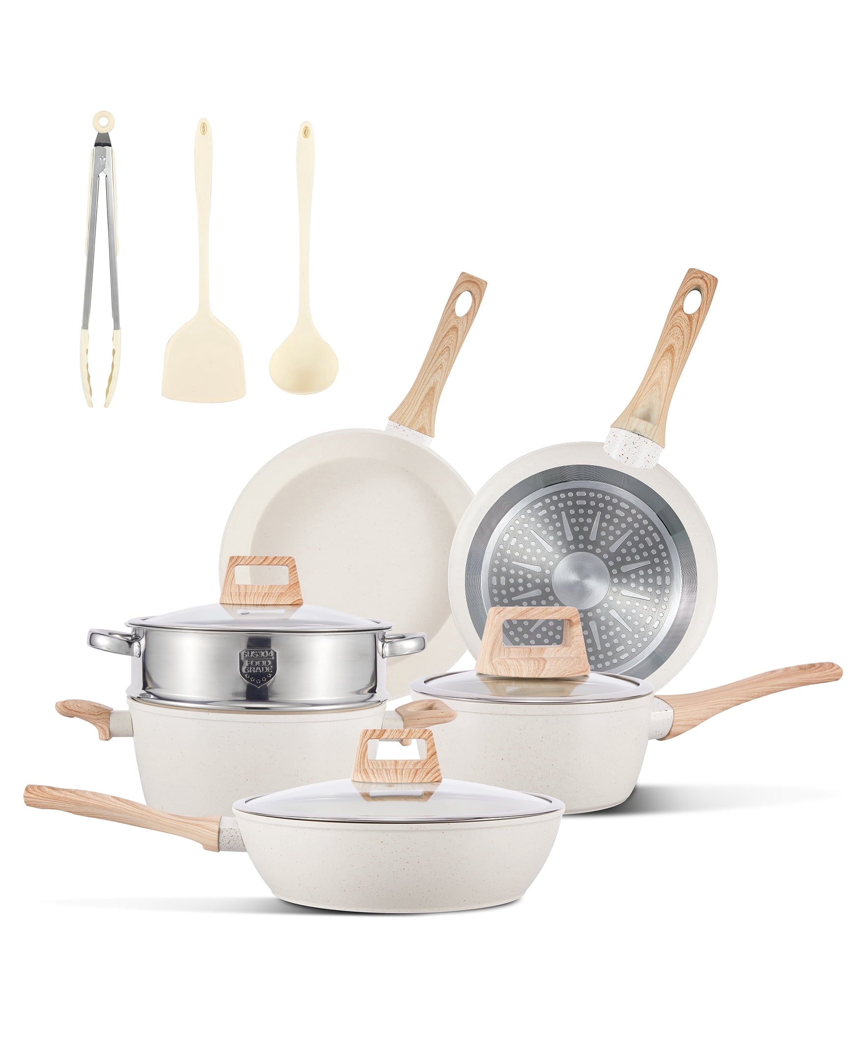 Fenbeli 12 Pcs Pots and Pans Set Nonstick,Ceramic Cookware Set with Pots Protectors and Cooking Utensils,Cream White