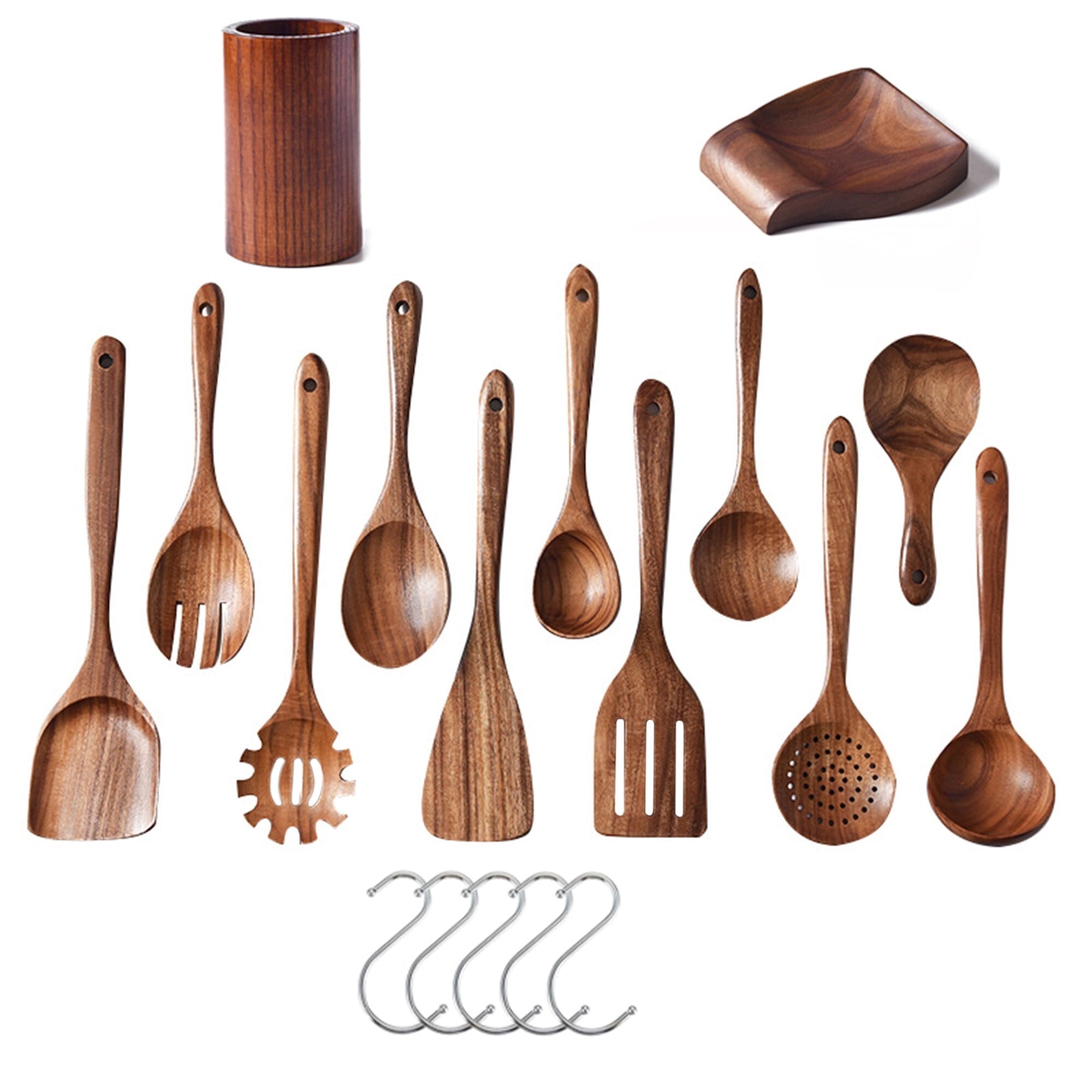 Fenbeli 13 Pcs Wooden Spoons for Cooking, Wooden Kitchen Utensil Set made of Natural Solid Wood Material with Holder, Spoon Rest and 5 Hooks